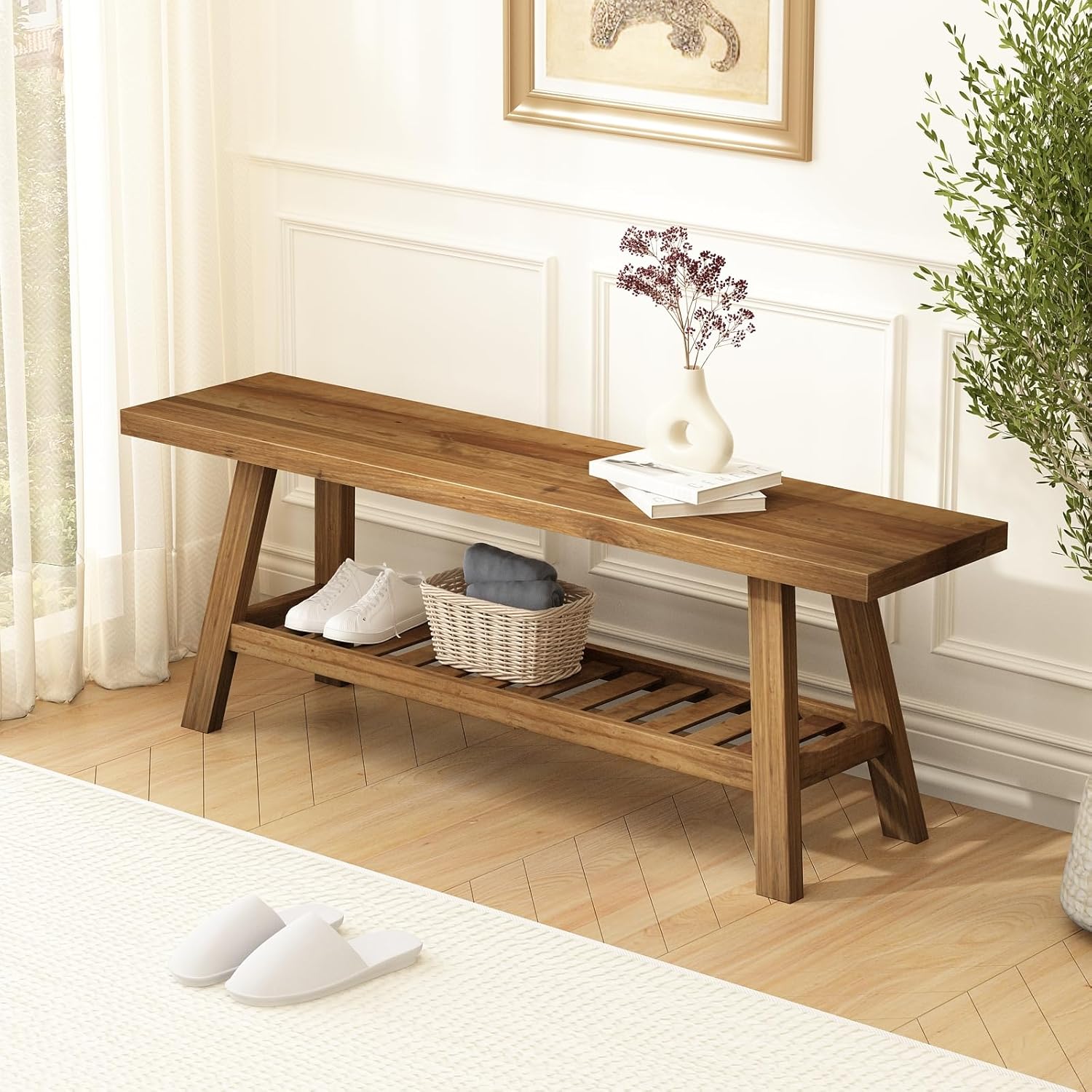 HOKYHOKY Reclaimed Solid Wood Bench-43.3" Farmhouse Entryway Bench with Storage Shelf, Narrow Rustic Bench for Hallway, Kitchen, Bedroom, Dining