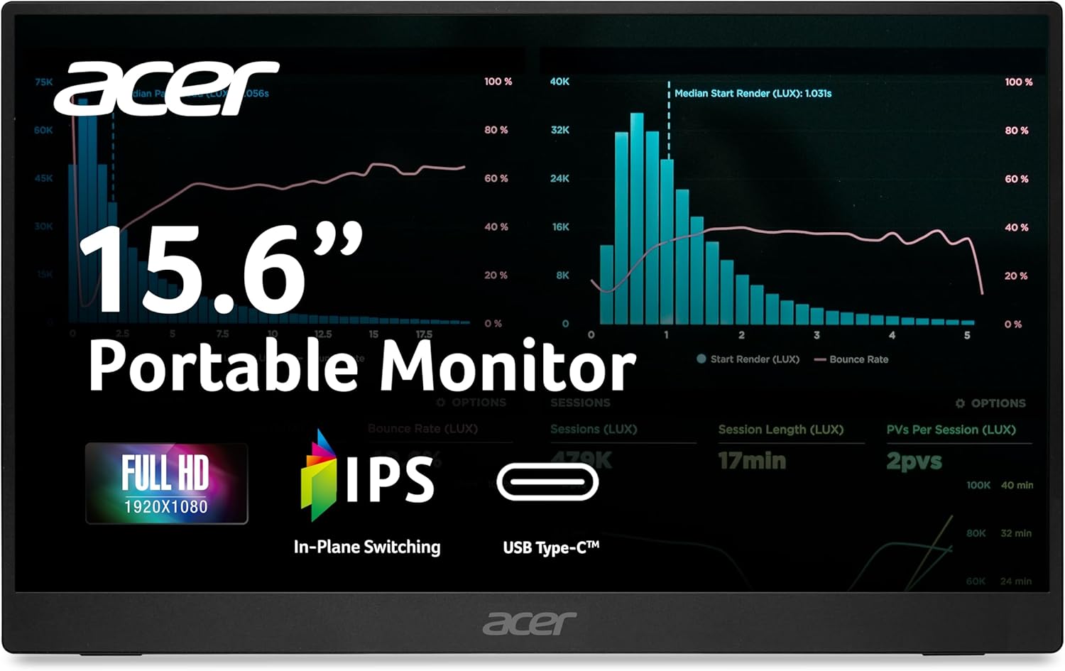 Acer Portable Monitor | 15.6" FHD IPS | Adaptive-Sync Support (FreeSync Compatible) | Slim Design | External Monitor for Laptop PC/Mac | 2 x USB 3.1 Type-C Port, HDMI 1.4 & Audio Out | PM161Q B1bmiuux