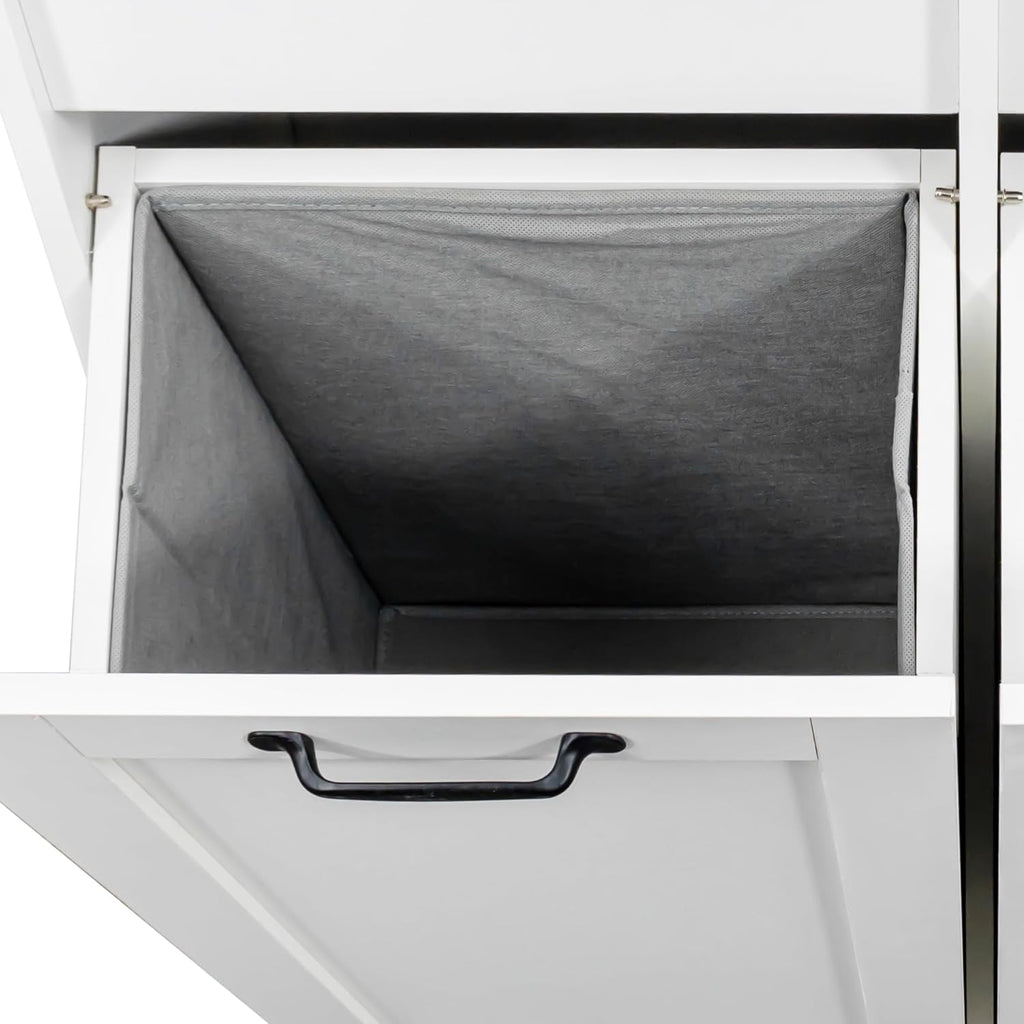 63" White Laundry Cabinet w/Dual Tilt-Out Hampers - 4 Open + 2 Adjustable Shelves, Freestanding Bathroom Organizer, 31.5 x 15.7 x 63 Inch
