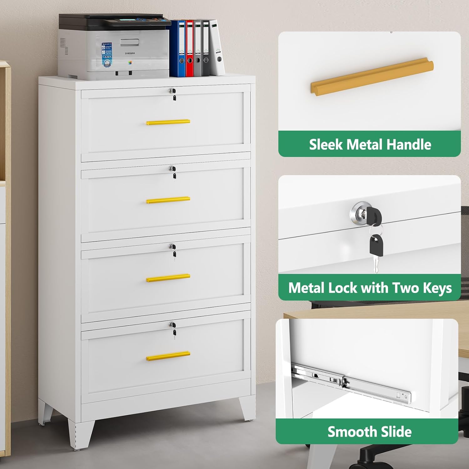 Metal Lateral File Cabinet with Lock,4 Drawer Steel Wide Filing Organization Storage Cabinets,Office Filing Cabinet for Legal/Letter/A4/F4 Size with Hanging Files&Key,Lockable Cabinets for Home Office