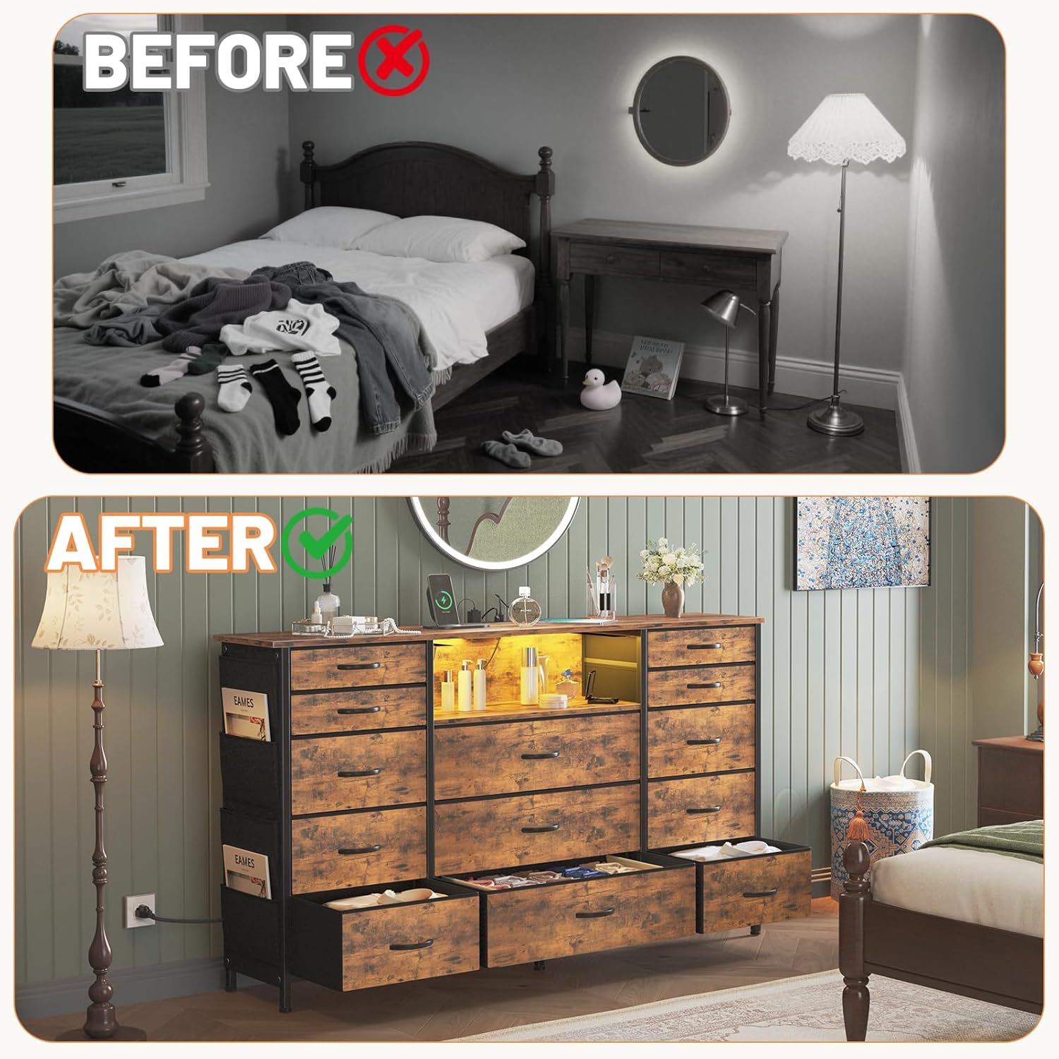 HCHQHS Dresser for Bedroom with 13 Drawers, 47 Inch Fabric Dresser with Remote Control Lights, Side Pockets & Hooks for Closet or Large TV Stand (Rural Brown)