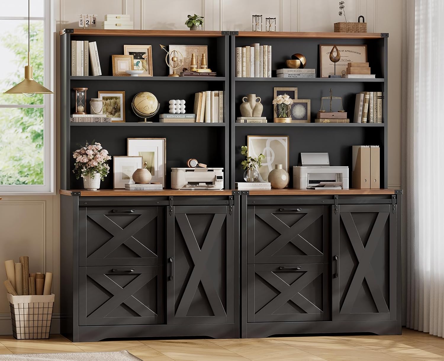SEDETA 2 Drawer Filing Cabinet, Farmhouse File Cabinet for Home Office fits Legal/Letter/A4 File, Office File Cabinets with Printer Stand, Sliding Bar Door and Storage Bookshelf, Black + Brown