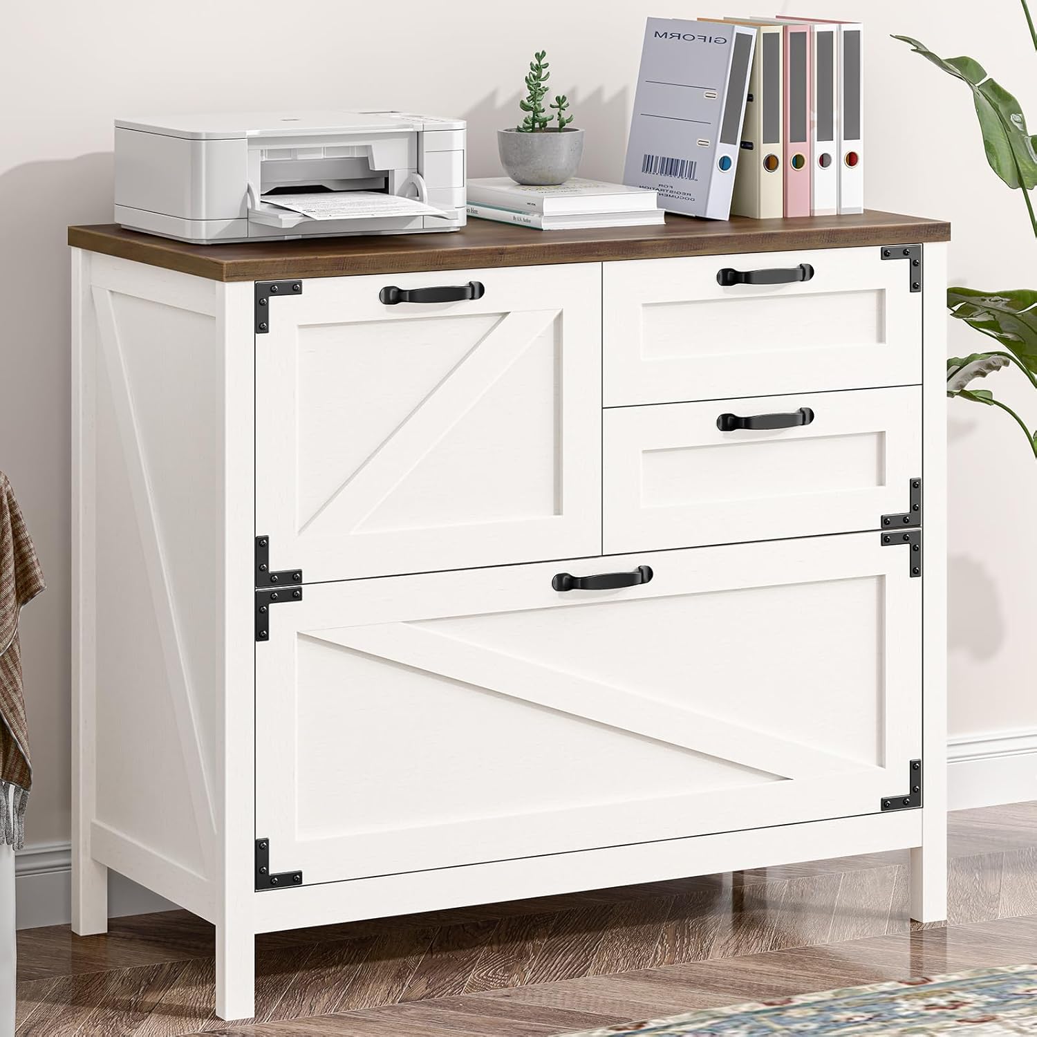 Wood Lateral File Cabinet with 4-Drawer for Hanging Files Letter/A4/Legal Size, Large Farmhouse Filing Cabinets for Home Office, Printer Stand with Office Cabinet, Office Furniture, White and Brown
