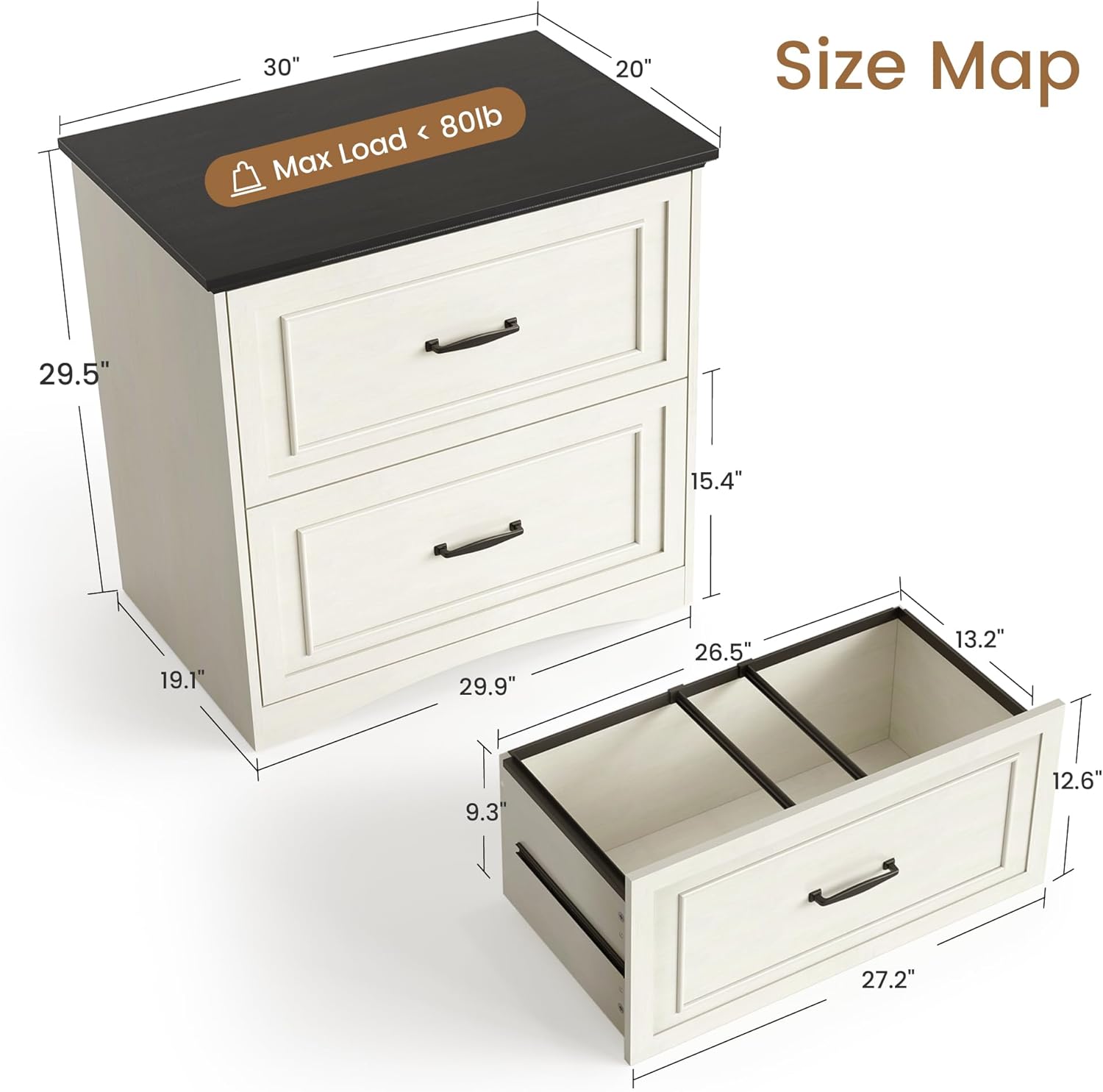 CubiCubi Farmhouse File Cabinet, 30" Lateral Filing Cabinet with 2 Drawers and Hanging Rods, Storage Wood Cabinet for Home Office, Living Room, Bedroom, Antique White