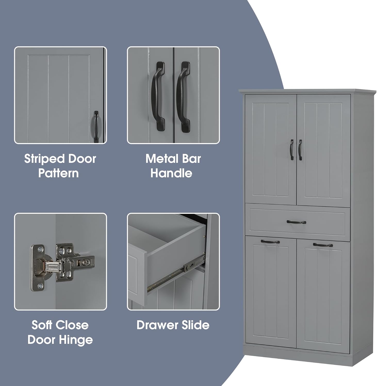 Merax Cabinet with 2 Tilt-Out Laundry Hamper Baskets, Modern Tall Bathroom Storage Organizer Linen with Drawers and Doors for Home, Freestanding, Grey