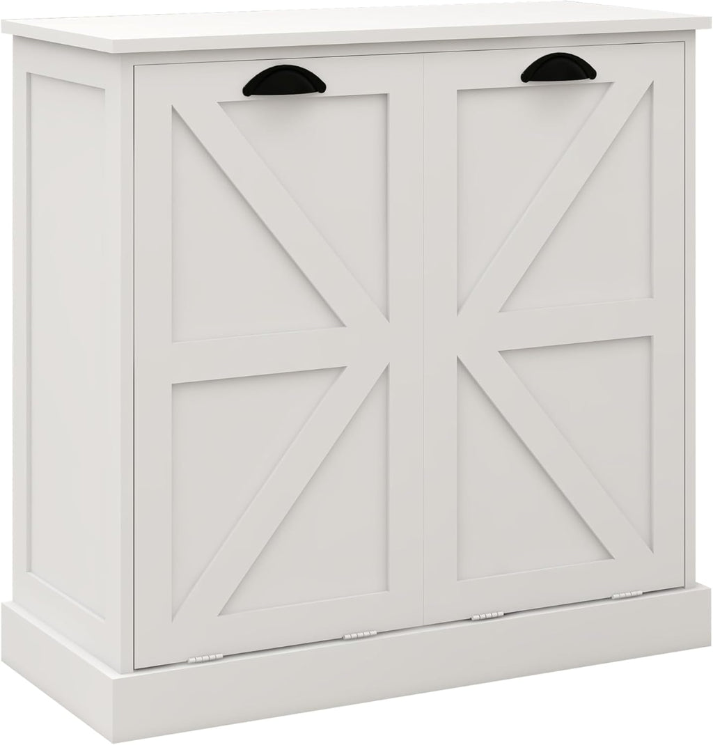 KEIKI White Tilt-Out Bathroom Laundry Sorter Cabinet with Dual Compartments & Removable Bags, Freestanding Hidden Hamper Storage with Anti-Tip Kit