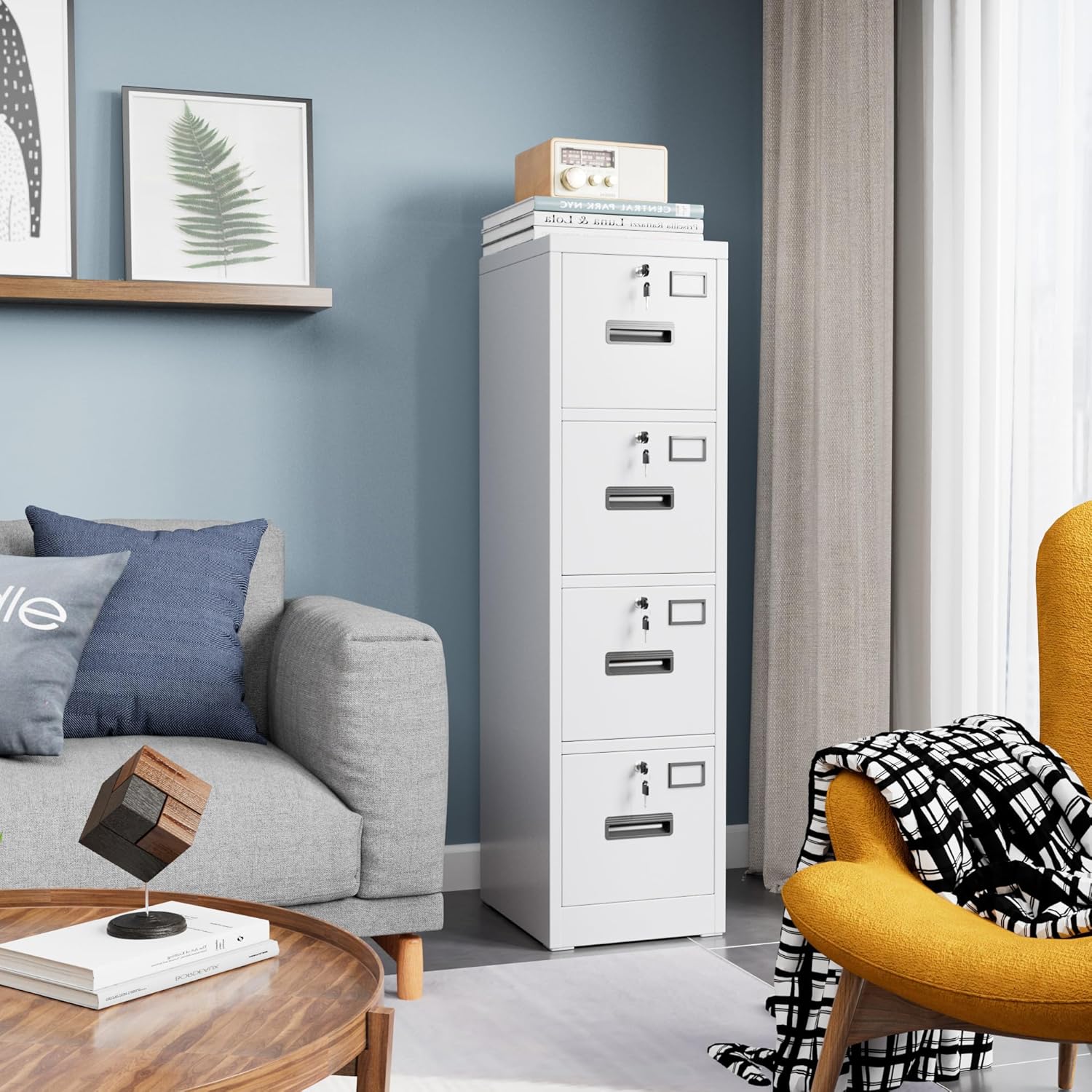 4 Drawer File Cabinet with Lock,White Metal Filing Cabinet for Home Office,Vertical Steel Storage Cabinet with Keys for Letter/A4 Size,14.96" W x 17.72" D x 55.2" H,Assembly Required