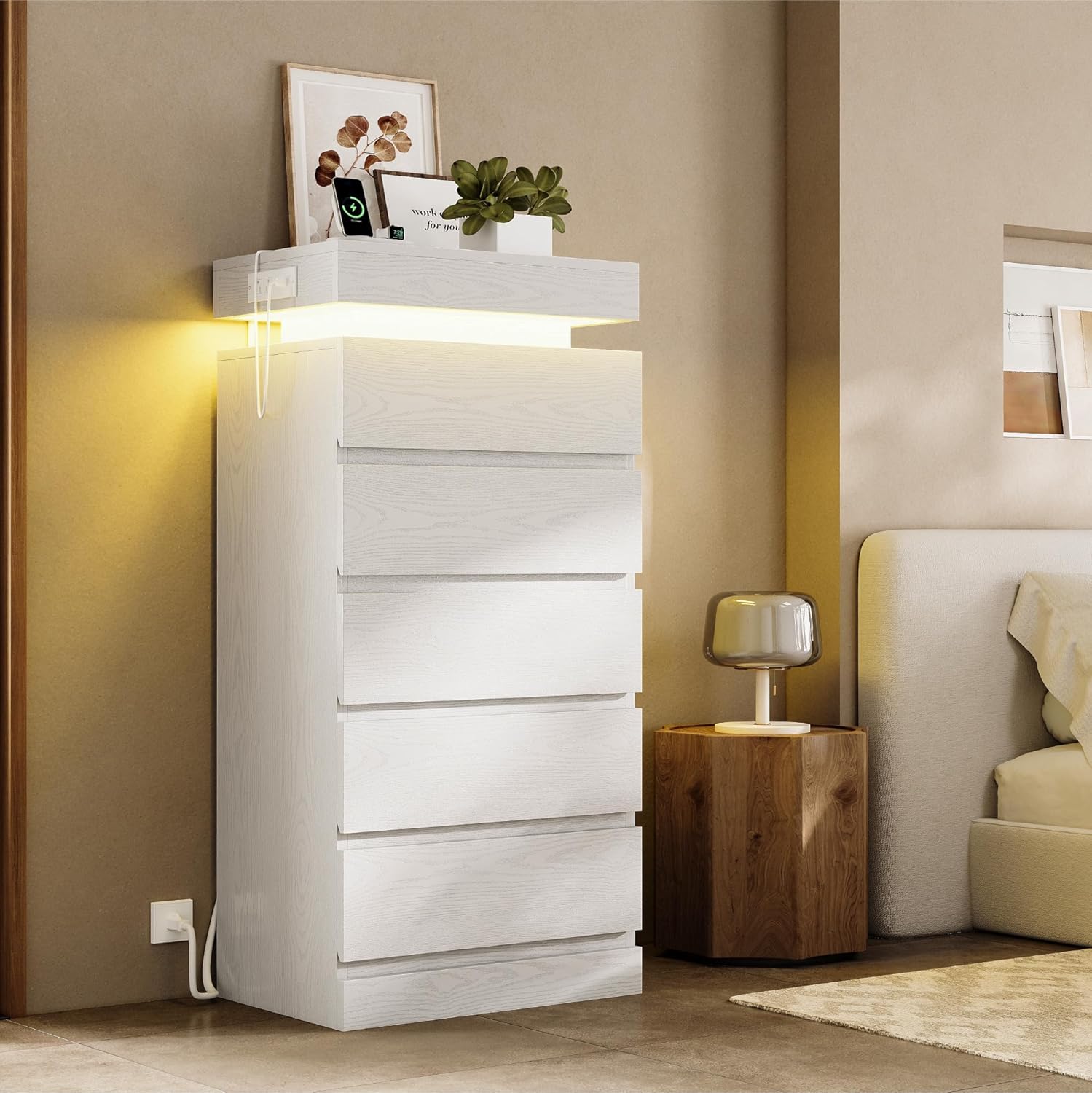LIKIMIO 54" Tall 5 Drawer Dresser for Bedroom, White Dresser with LED Light and Power Outlet, Wooden Modern Chest of Drawers for Living Room, Entryway, Hallway