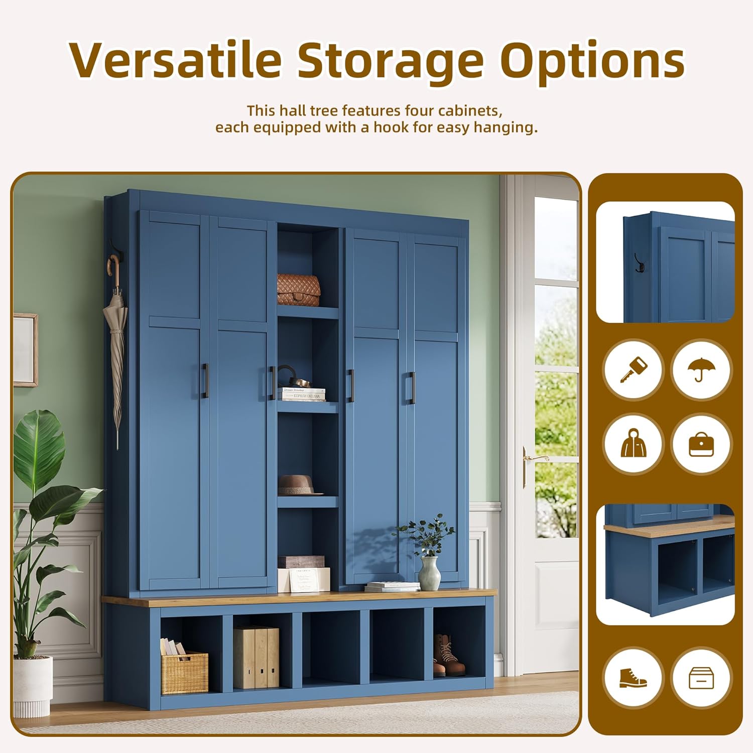 Bellemave Farmhouse 4-in-1 Hall Tree with 6 Hooks & Shoe Storage - 62.9" Wide Entryway Cabinet with Seating Bench and Open Compartments for Mudroom, Hallway, Blue