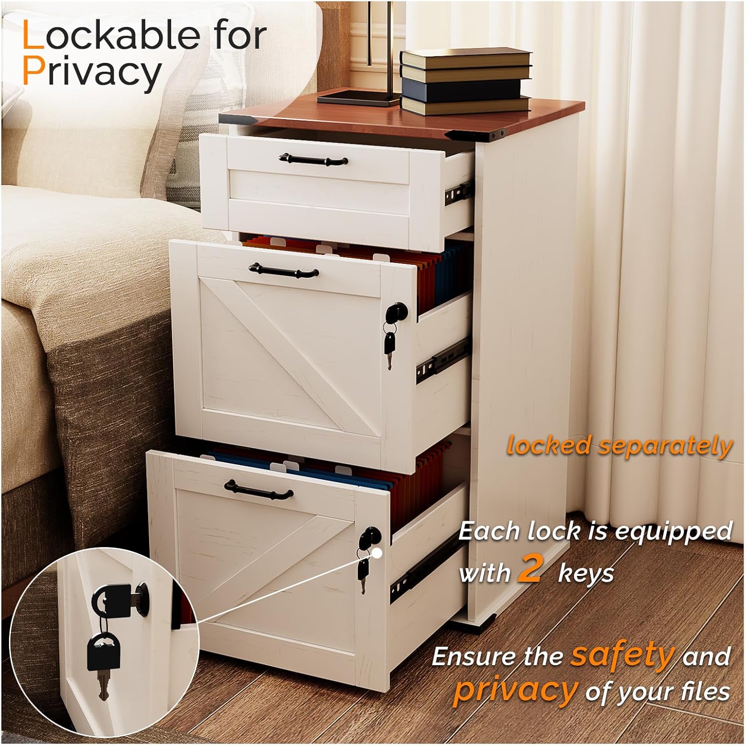 VINGLI 3 Drawer File Cabinet with Lock, Home Office Filing Organizer, for Letter Size File Folder Storage, Modern Farmhouse Style, Wood Vertical Filing Cabinet, Archivador (Rustic White & Brown)