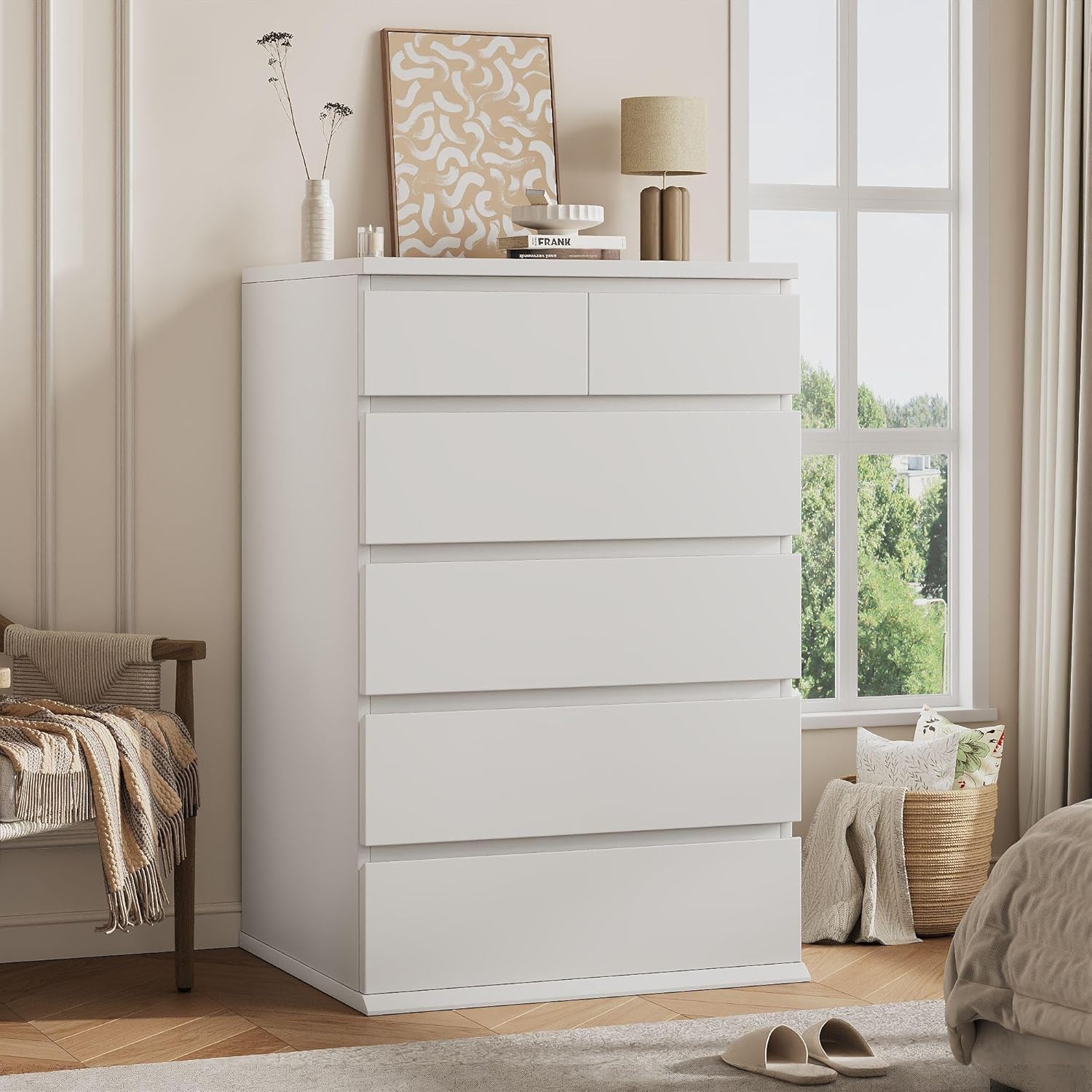 Jocoevol White Tall 6 Drawer Dresser for Bedroom,Dressers & Chests of Drawers with Jewelry Storage,Wood Storage Dresser with Deep Drawers for Living Room Hallway Entryway(40.75" L*23.62" W*15.75")