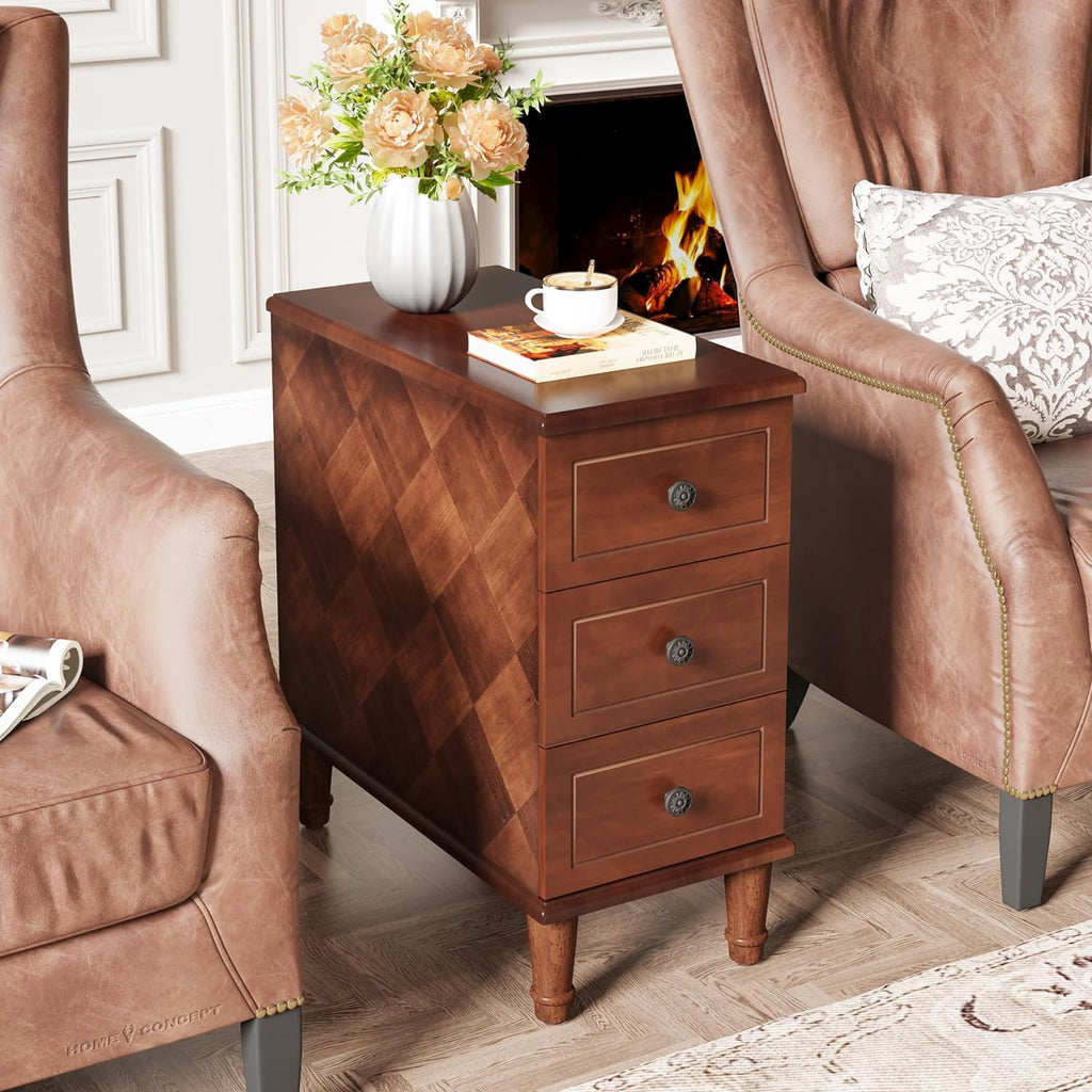 Tribesigns Solid Wood End Table, Fully Assembled Narrow Side Table with Drawers, Pre-Assembled Nightstand Slim Bedside Table for Small Spaces, Living Room, Bedroom, Brown
