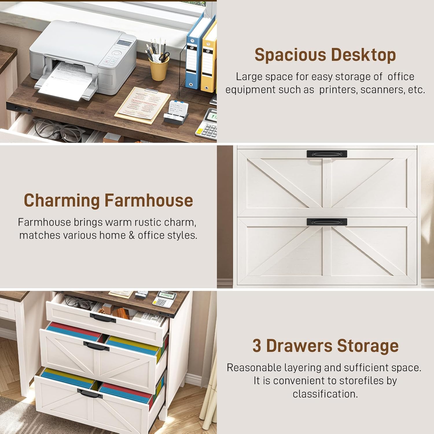 Vabches Lateral File Cabinet with 3 Drawers, Farmhouse File Cabinet for Legal/Letter/A4 Size Hanging Files, Large Wood Printer Stand Home Office, Rustic White