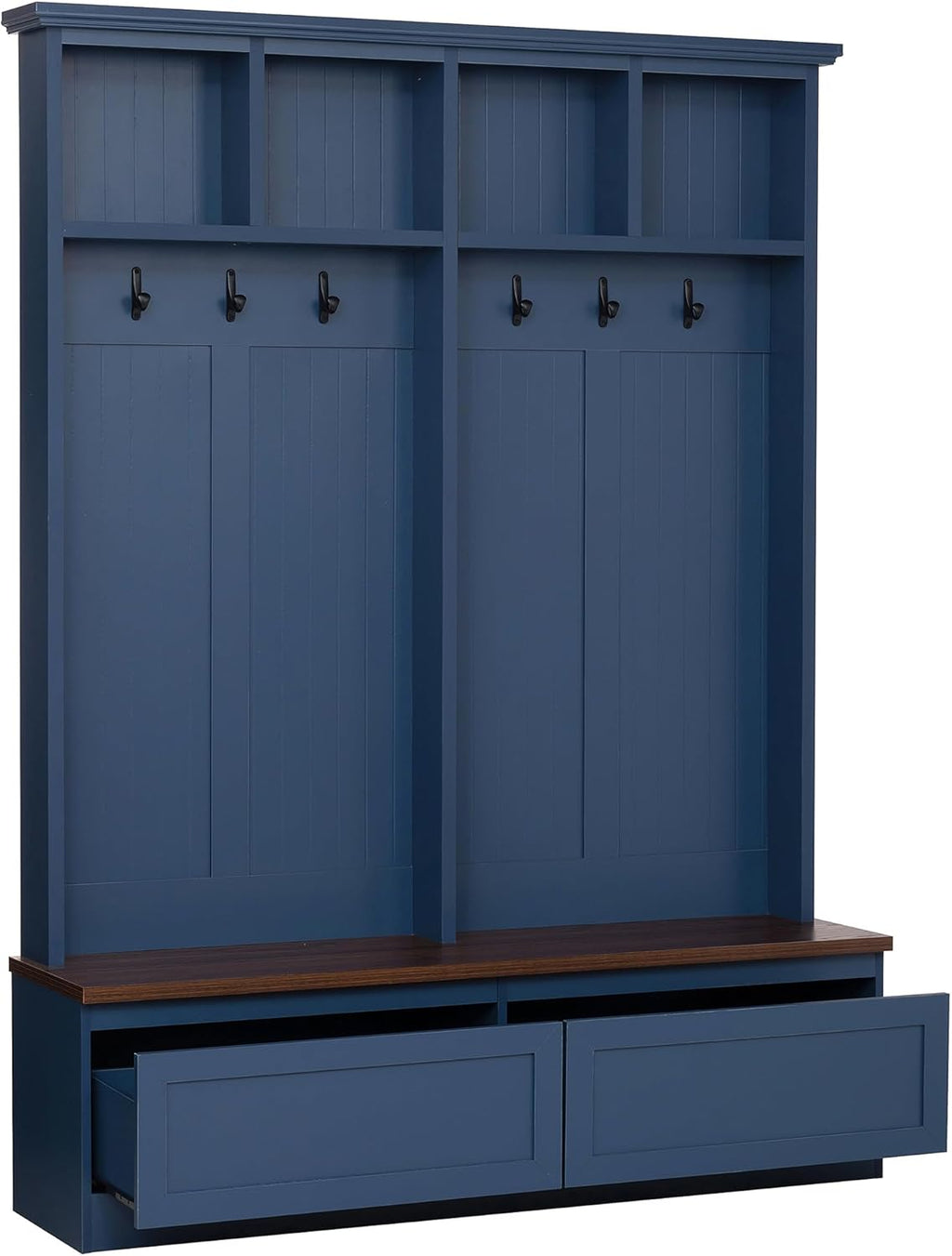 JIVOIT Hall Tree with Storage Bench, Farmhouse 4-in-1 Hall Tree with Wood Grain Bench, 2 Large Drawers, 6 Black Hooks, 4 Storage Compartments, Mudroom Versatile Coat Rack for Hallway, Living Room