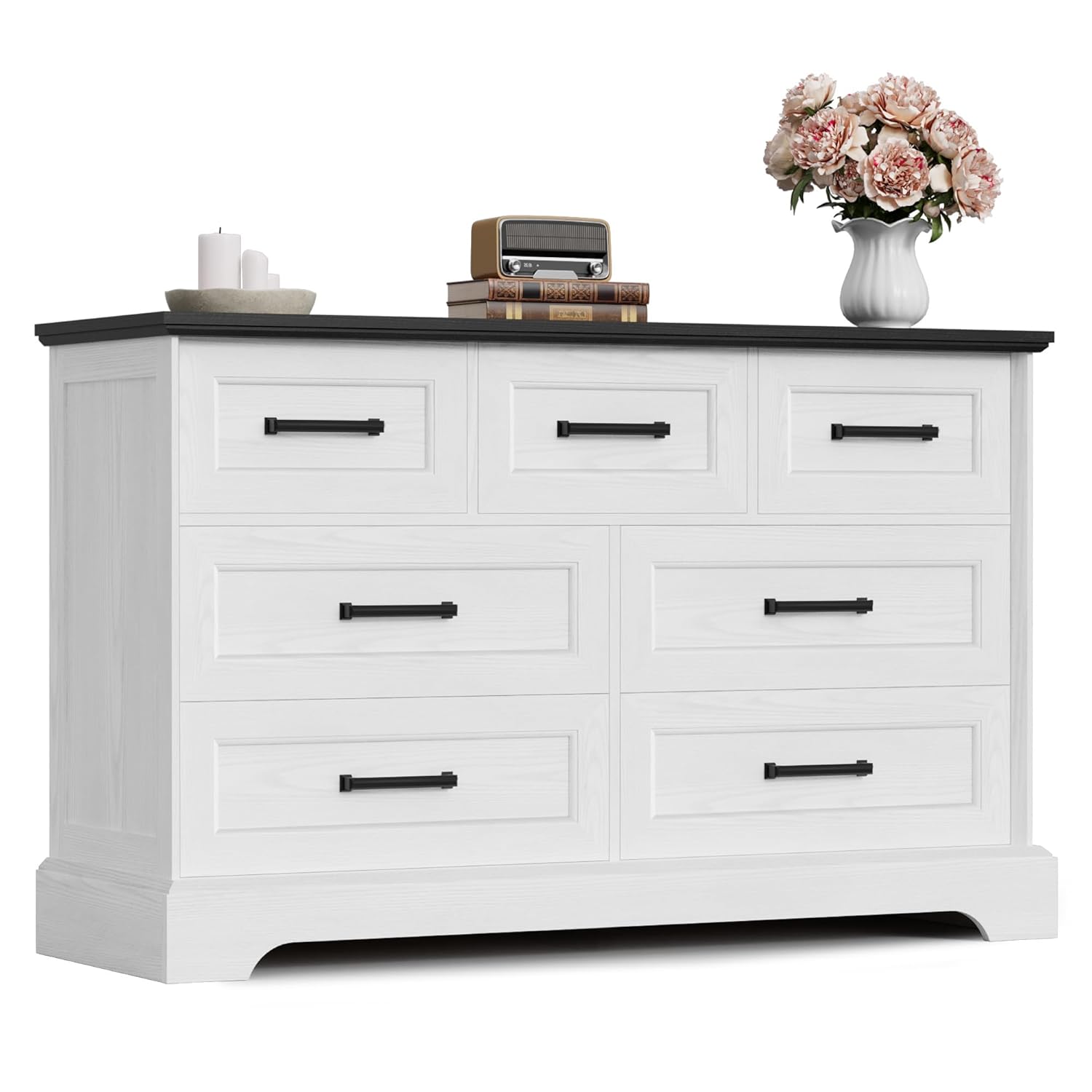 Furmax Farmhouse Dresser for Bedroom, 7 Drawers Dresser, Wood Chest of Drawers, 47.5" Wide Storage Dressers Organizer for Bedroom, Living Room, White and Black