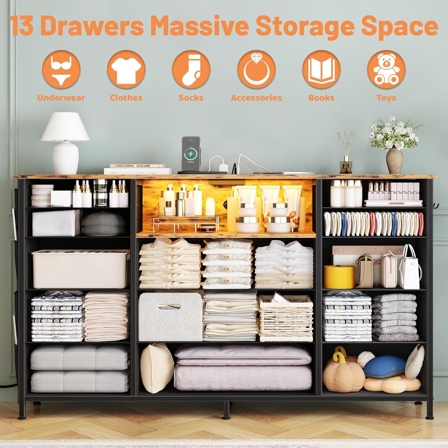 HCHQHS Dresser for Bedroom with 13 Drawers, 47 Inch Fabric Dresser with Remote Control Lights, Side Pockets & Hooks for Closet or Large TV Stand (Rural Brown)