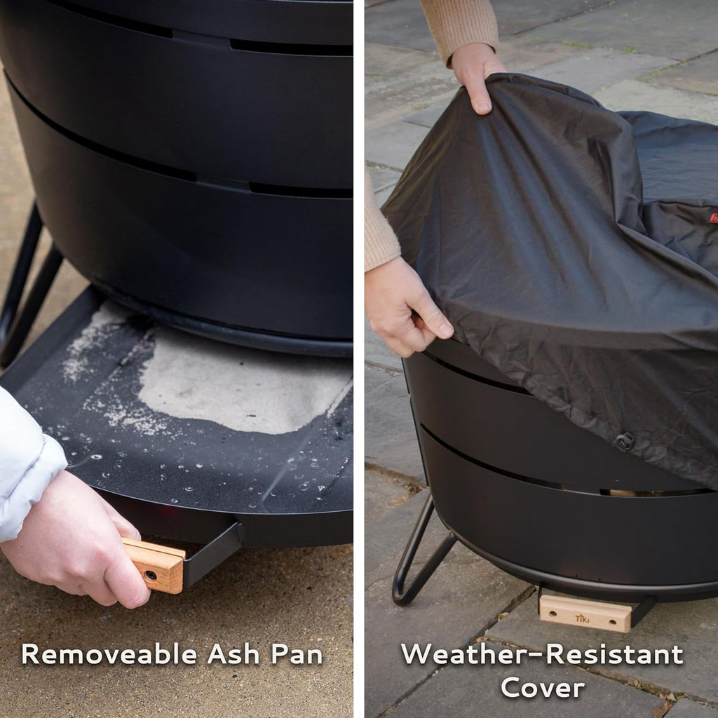 TIKI 27.5-Inch Smokeless Reunion Fire Pit, Large Outdoor Fire Pit for Gatherings, Wood Burning with Removable Ash Pan & Weather-Resistant Cover, Modern Black Design – Perfect for Patio & Backyard
