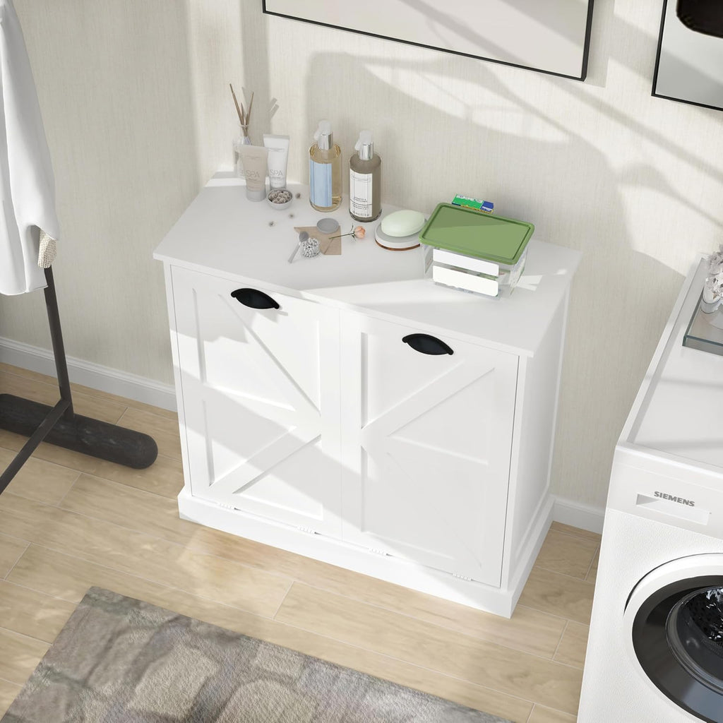 Modern Farmhouse Barn Door Double Compartment Slanted Laundry Organizer,Freestanding Hidden Laundry Cabinet with 2 Removable Liner Pockets for Bathroom(White-03)