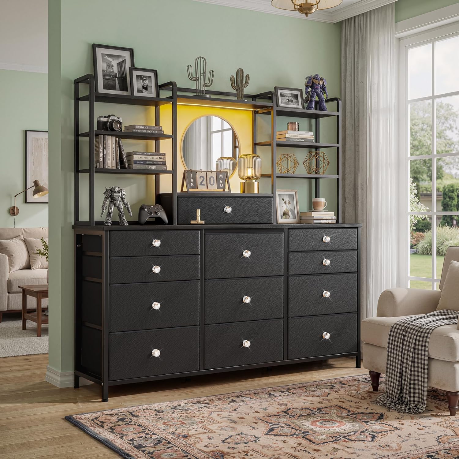 Romorgniz Black Dresser for Bedroom with 12 Drawers & LED Lights, Fabric Dressers & Chests of Drawers with Open Shelves, Vanity Dresser Organizer with Metal Frame Wooden Shelf for Entryway Closet