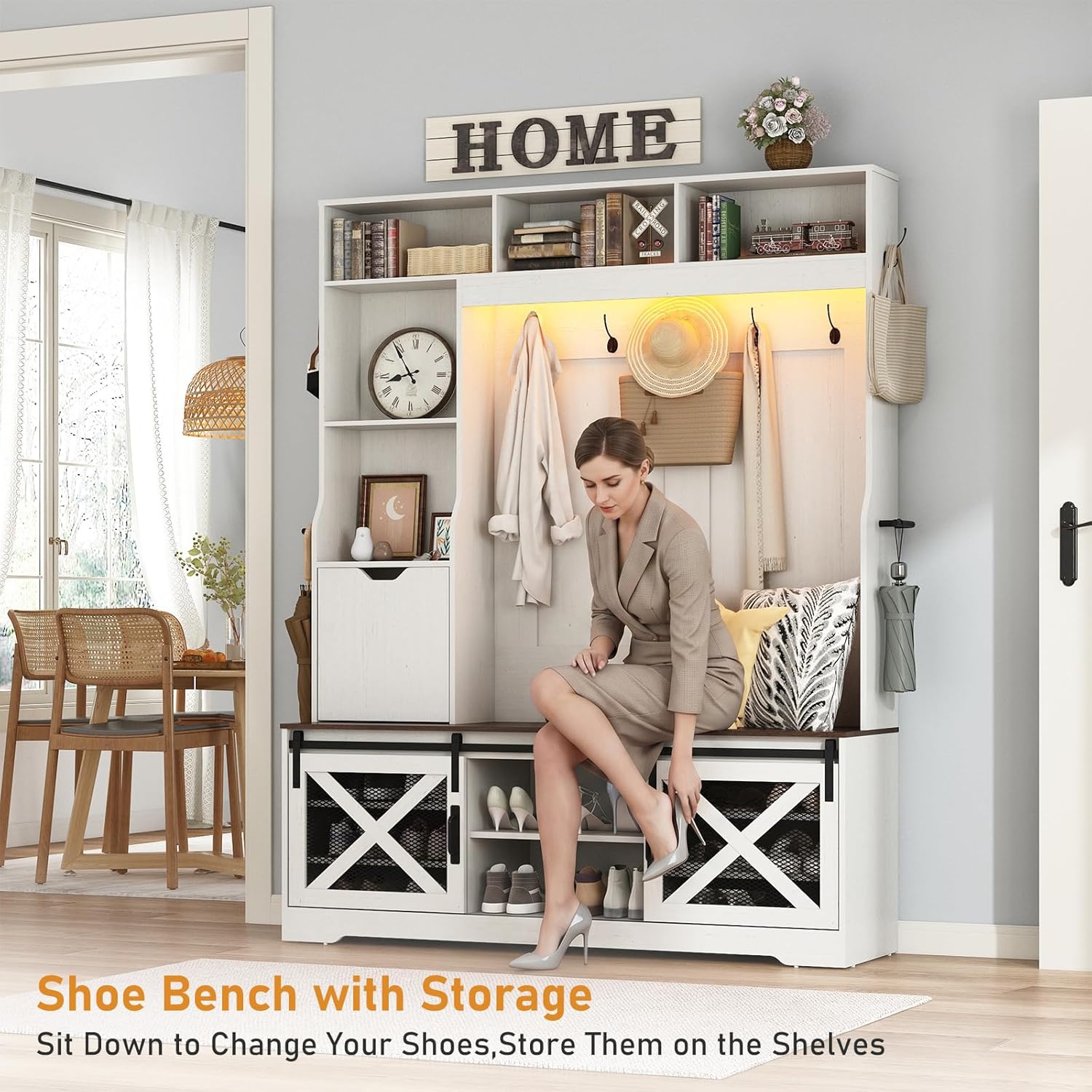 75''H LED Farmhouse Hall Tree with Bench and Shoe Storage,Entryway Bench with Coat Rack,16 Shoe Cubbies & Umbrella Holder and Sock Storage Drawer,Mudroom/Hallway Storages Cabinet(white )