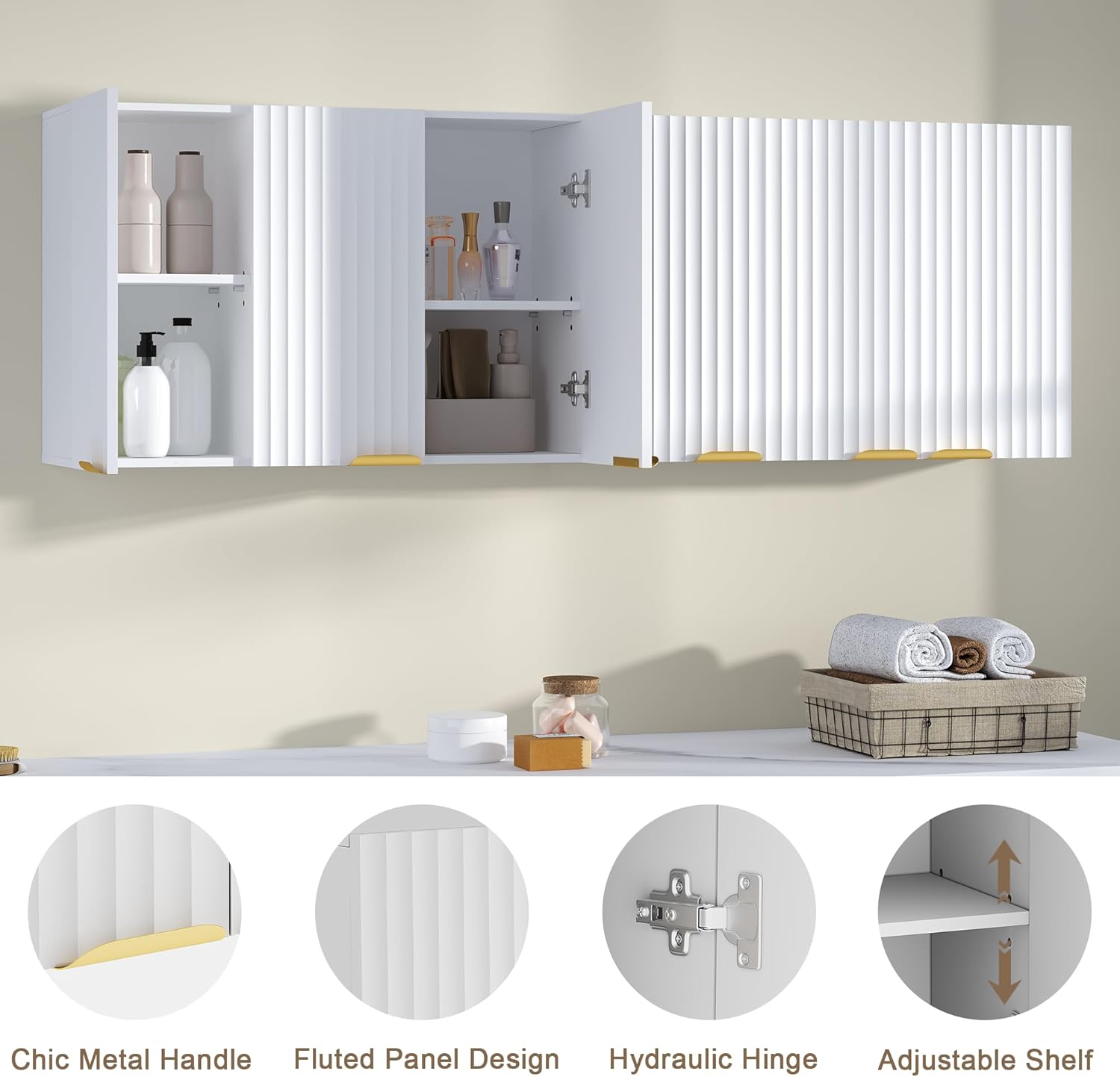 ChooChoo 3-Door Bathroom Wall Cabinet, Fluted Kitchen Wall Cabinet with Adjustable Shelf, Wall Mounted Storage Cupboard for Bathroom, Laundry Room, Entryway, Garage, White
