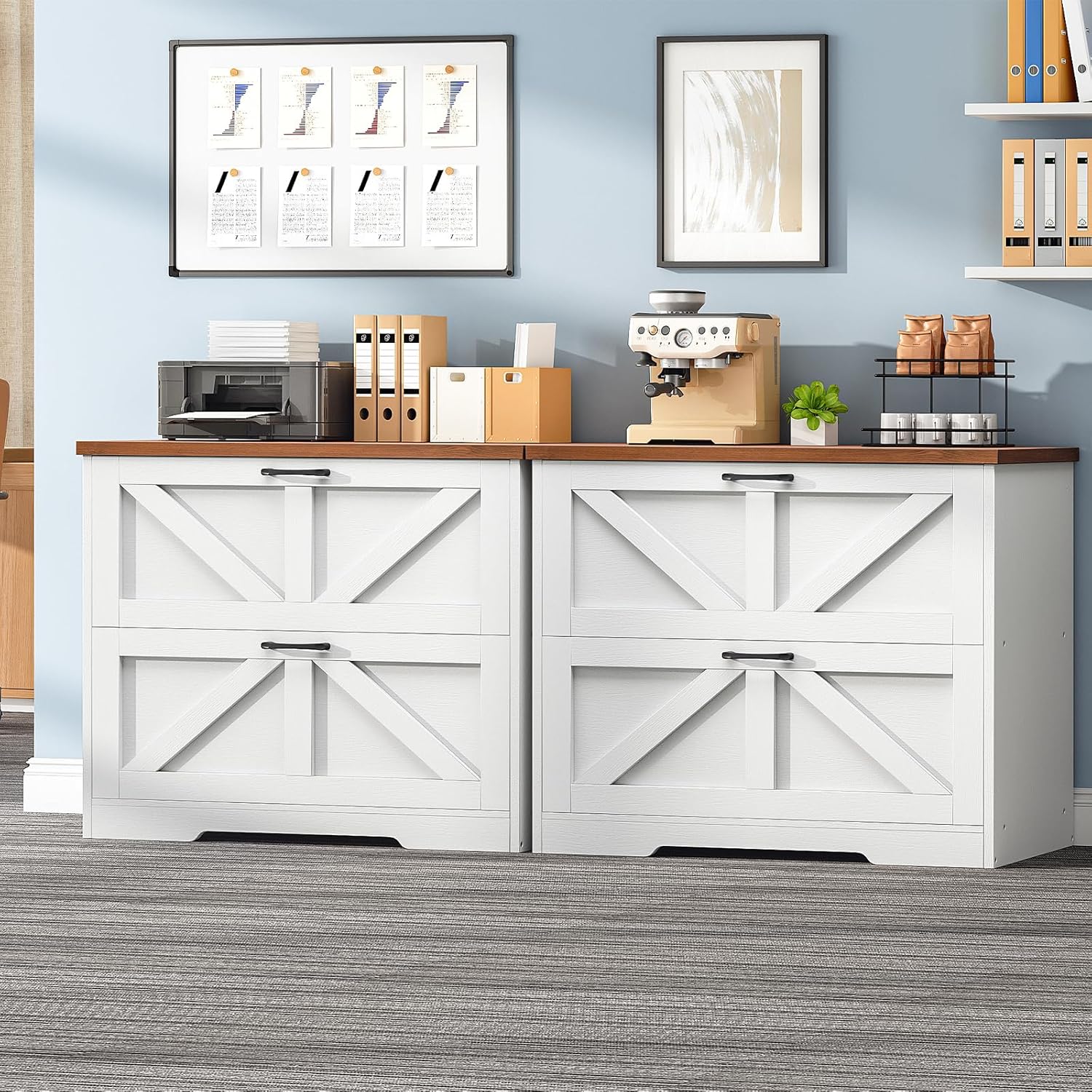 HOOBRO 2 Drawer File Cabinet, Farmhouse Lateral Filing Cabinet for Letter/A4/Legal Size, Large Wooden Office Storage Cabinet, Printer Stand for Home Office, White and Walnut WH48WJ01