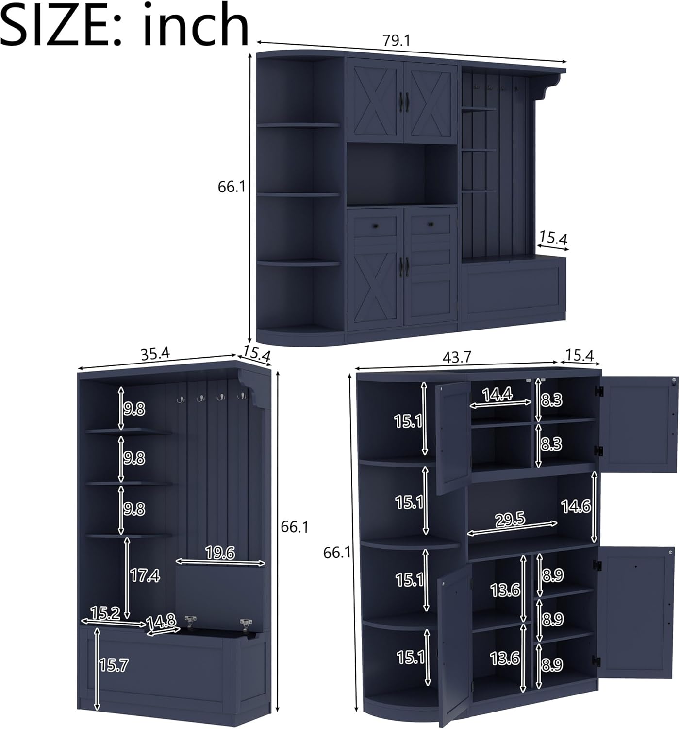 LUMISOL Wide Hall Tree with Storage and 4 Hooks, Left-Right Combination Hall Cabinet, Can Be Used Separately, Entryway Storage Cabinet with Bench, for Living Room Kitchen, Antique Blue