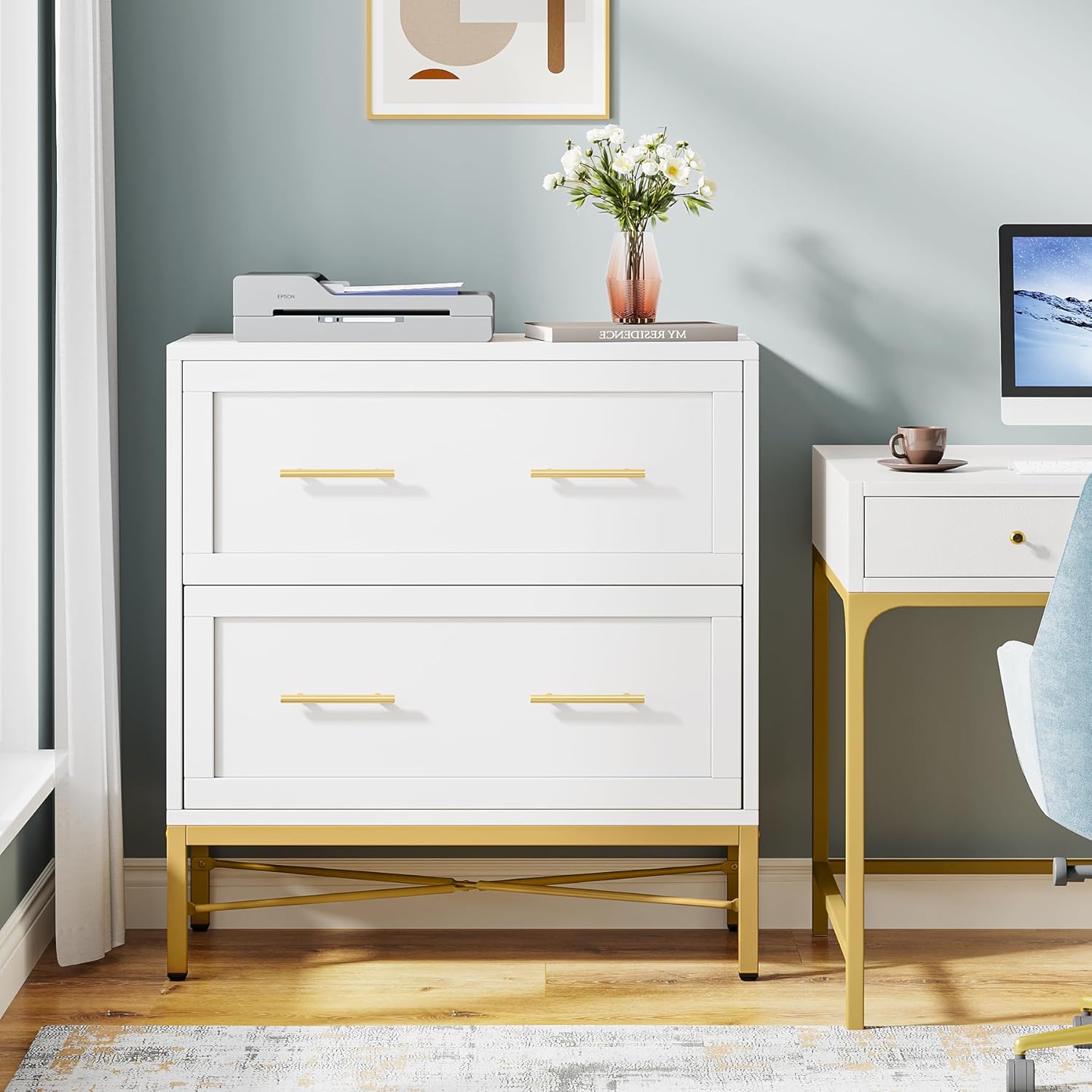 Tribesigns Modern White 2 Drawer File Cabinet, Lateral Filing Cabinet for Letter/Legal/A4 Size, Wood File Storage Cabinets Printer Stand with Storage for Home, Office, White and Gold