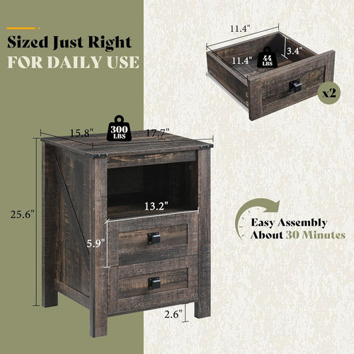 AMERLIFE Farmhouse Nightstand Set of 2, Wooden Side Table with Drawers & Open Shelf, Narrow/Small Bedside End Table, Wood Night Stand for Bedroom/Dorm/Home Office, Rustic Black Oak