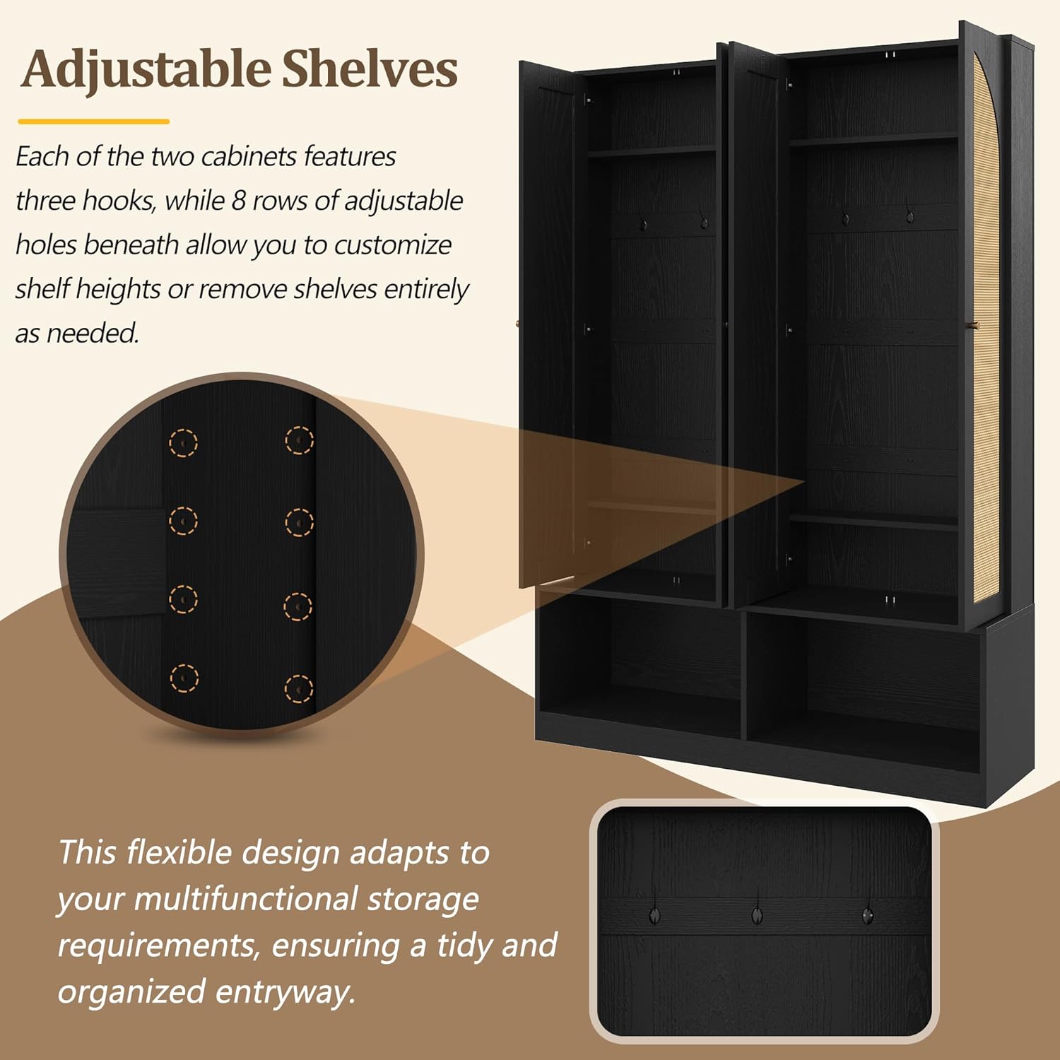 Farmhouse Widen Hall Tree with 4 Rattan Doors, Versatile 4-in-1 Seating Bench with 6 Hooks, Mid-Century Entryway Shoe Cabinet with Adjustable Shelf for Living Room (Black#55)