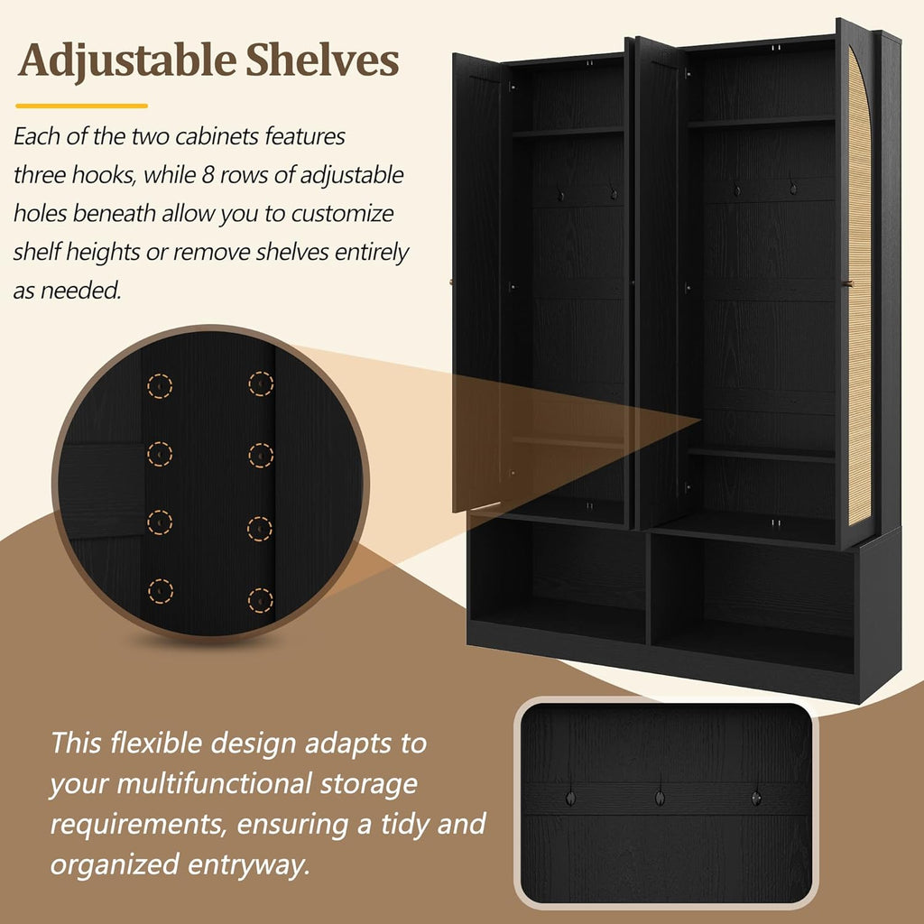 Farmhouse Widen Hall Tree with 4 Rattan Doors, Versatile 4-in-1 Coat Hanger with 6 Hooks, Mid-Century Entryway Shoe Cabinet with Adjustable Shelf for Living Room Hallway (Black-W)