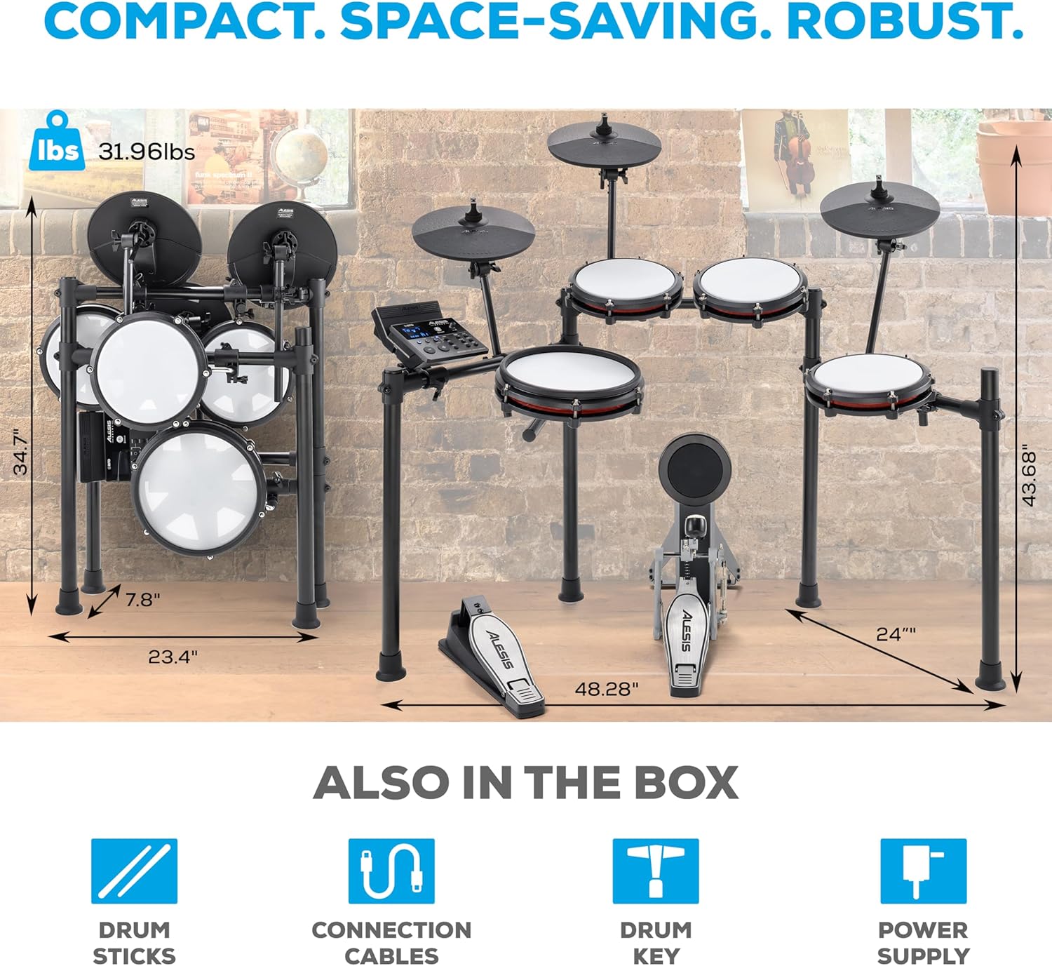 Alesis Nitro Max Kit Compact Electric Drum Kit with Quiet Mesh Pads, 10" Dual-Zone Snare, Bluetooth, 440+ BFD Sounds, Drumeo, USB MIDI, Kick Pedal
