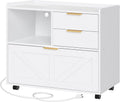 HOOBRO Lateral File Cabinet, Wooden Office Storage Drawers with Charging Station, Filing Cabinet for Home Office, A4/Letter/Legal-Sized Files, Printer Stand with Open Storage Spaces, White WT37UWJ01