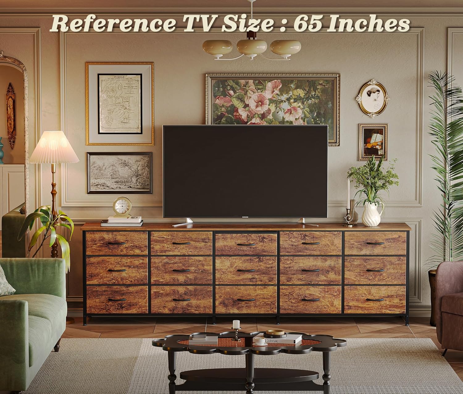 Huuger 78.7 inch Long Dresser for Bedroom, 15 Drawer Fabric Dresser for Closet, Large TV Stand for 65, 75, 85 inch TV, Wide Chest of Drawer with Storage, 78.7" W x 12.9" D x 26.7" H, Rustic Brown