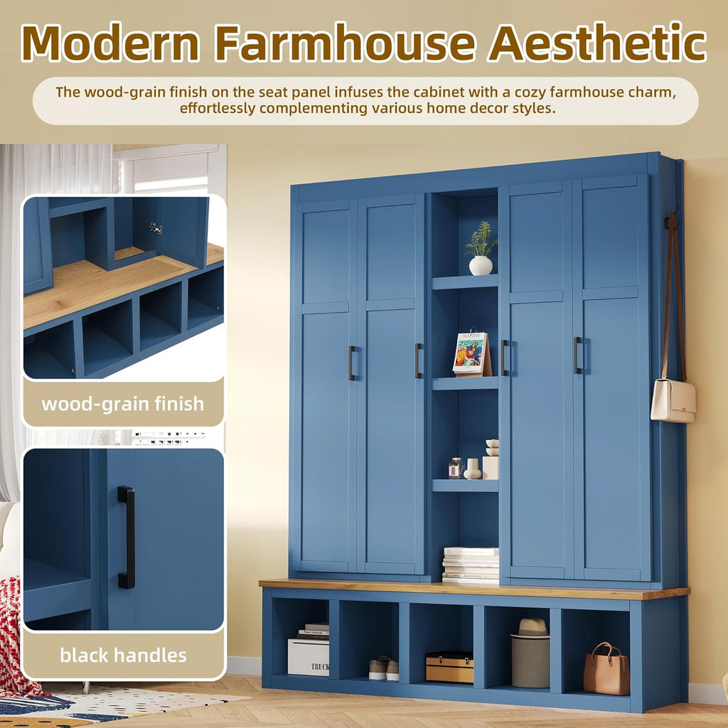 Modern 63'' Wide Hall Tree with 6 Hidden Hanging Hooks, Brown Wood Grain Minimalist Shoe Cabinet with Open Compartments, Entryway Coat Rack for Living Room Hallway (Blue-4.23)