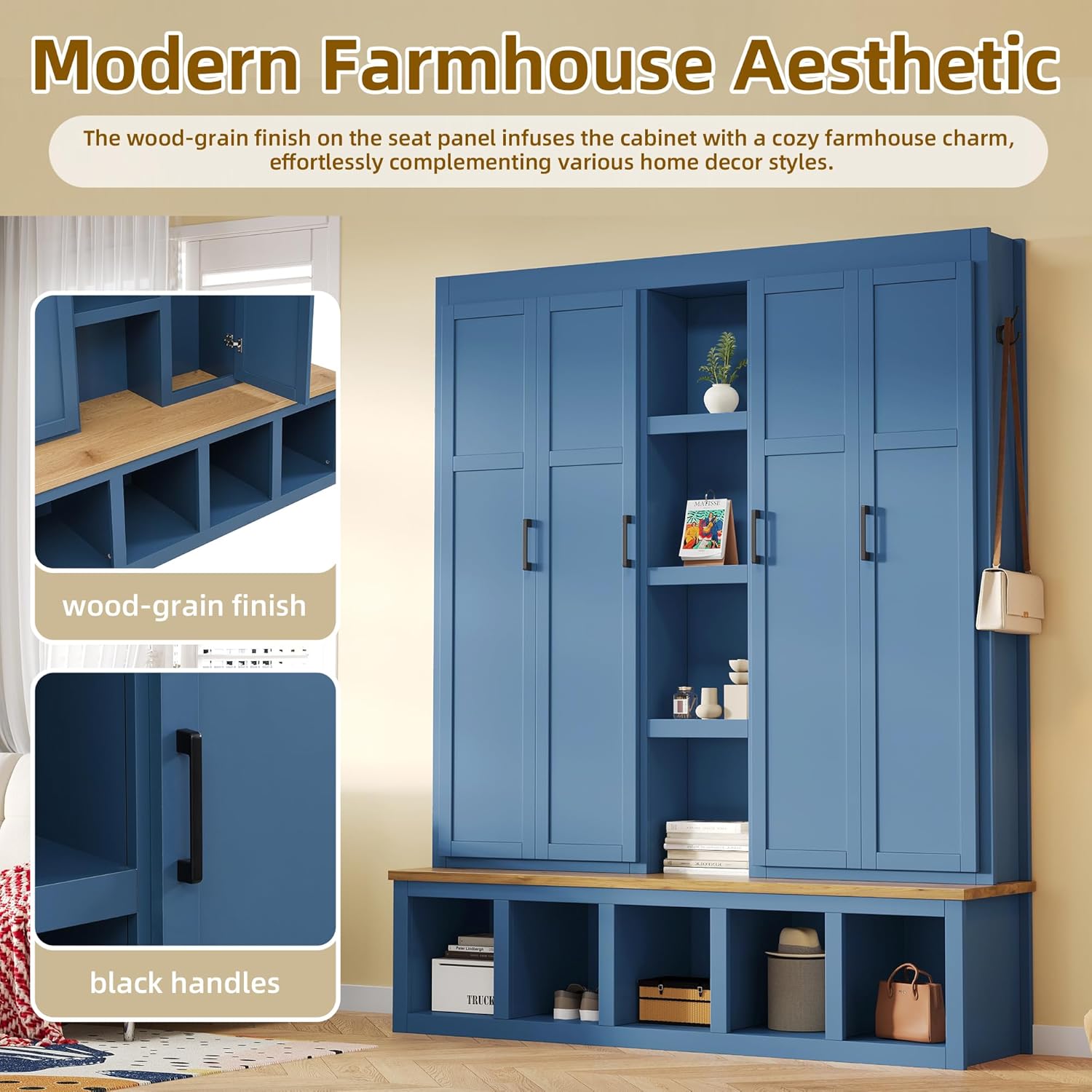 Bellemave Farmhouse 4-in-1 Hall Tree with 6 Hooks & Shoe Storage - 62.9" Wide Entryway Cabinet with Seating Bench and Open Compartments for Mudroom, Hallway, Blue