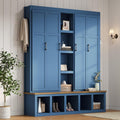 Modern 63'' Wide Hall Tree with 6 Hidden Hanging Hooks, Brown Wood Grain Minimalist Shoe Cabinet with Open Compartments, Entryway Coat Rack for Living Room Hallway (Blue-4.23)
