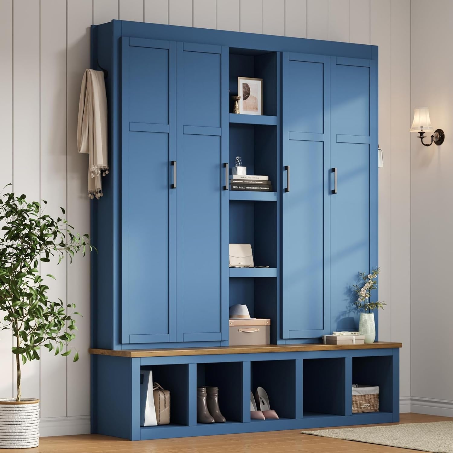 Bellemave Farmhouse 4-in-1 Hall Tree with 6 Hooks & Shoe Storage - 62.9" Wide Entryway Cabinet with Seating Bench and Open Compartments for Mudroom, Hallway, Blue