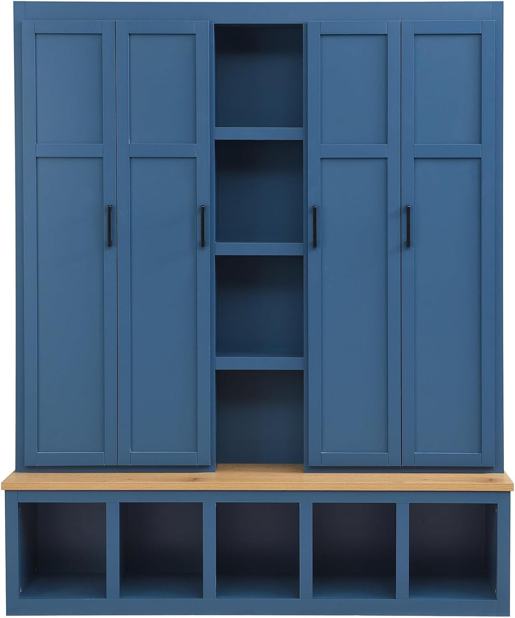 Merax Modern Farmhouse Hall Tree with Bench, 4-in-1 Entryway Storage Cabinet & Shoe Organizer with Hooks, Blue