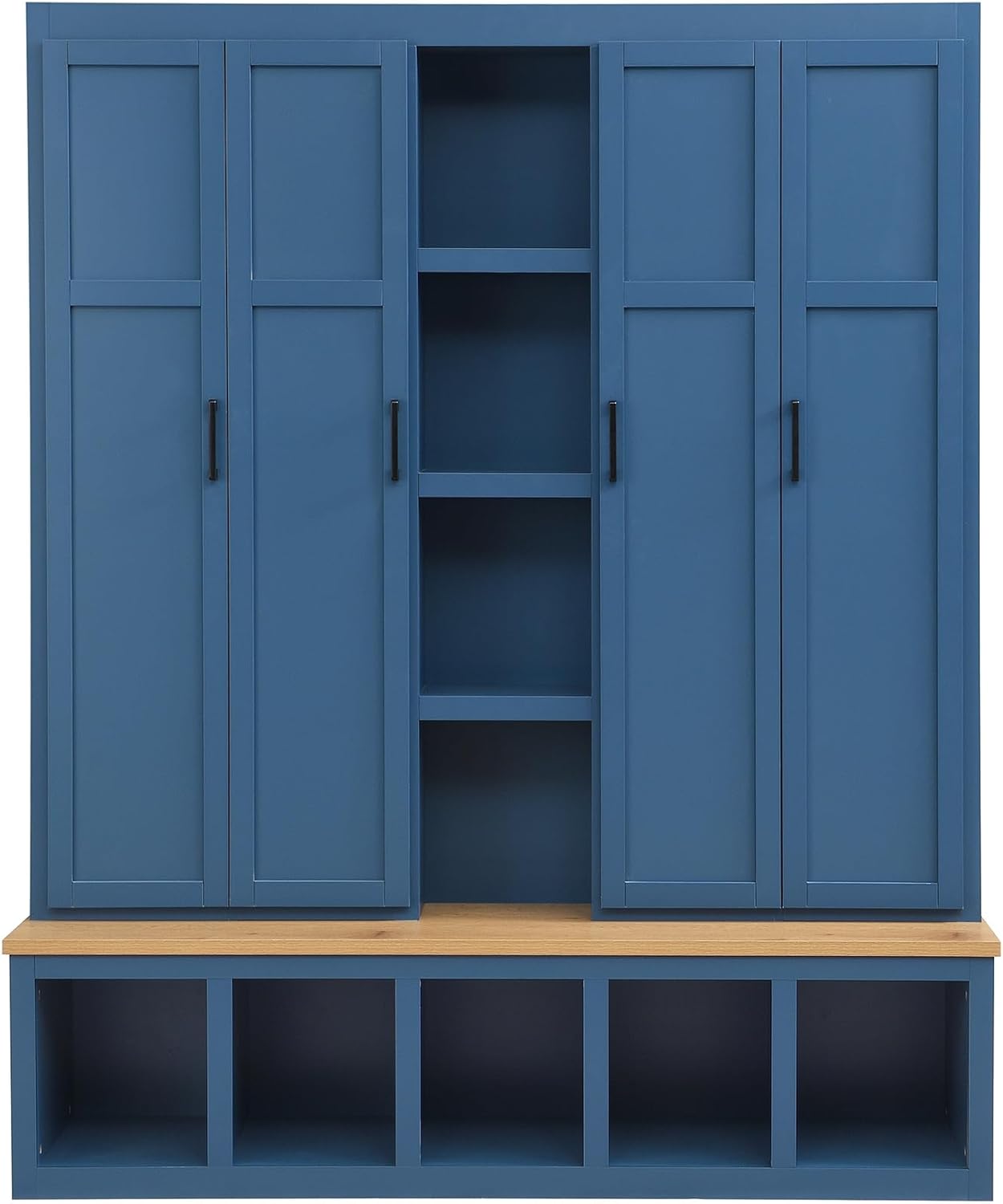 Merax Modern Farmhouse Hall Tree with Bench, 4-in-1 Entryway Storage Cabinet & Shoe Organizer with Hooks, Blue