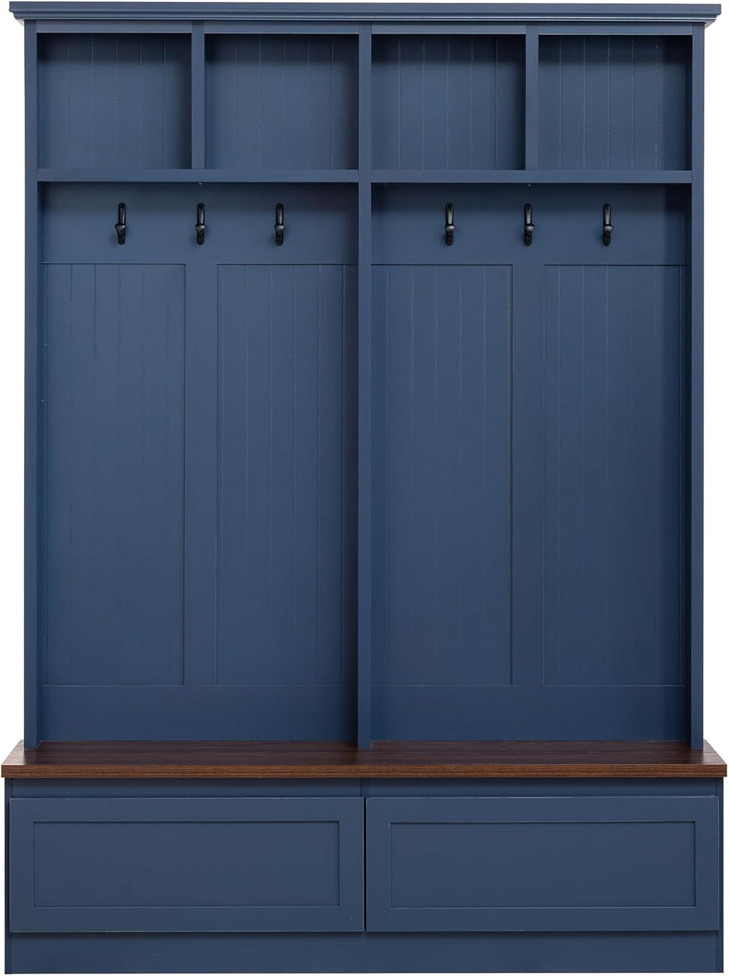 JIVOIT Hall Tree with Storage Bench, Farmhouse 4-in-1 Hall Tree with Wood Grain Bench, 2 Large Drawers, 6 Black Hooks, 4 Storage Compartments, Mudroom Versatile Coat Rack for Hallway, Living Room
