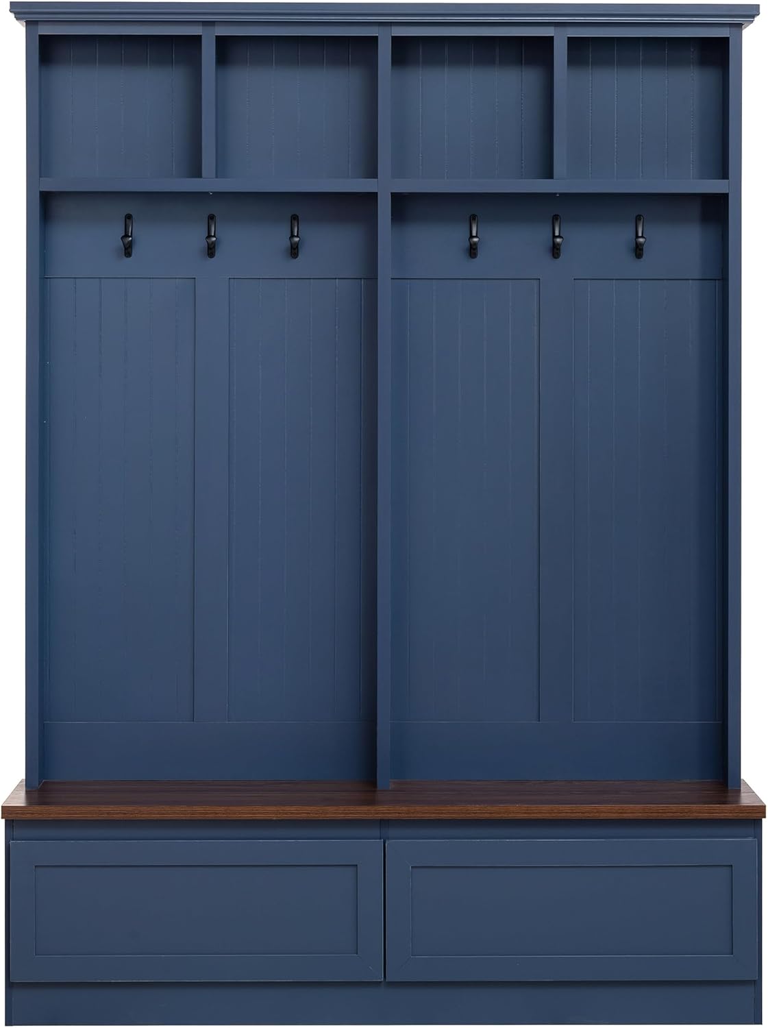 JIVOIT Hall Tree with Storage Bench, Farmhouse 4-in-1 Hall Tree with Wood Grain Bench, 2 Large Drawers, 6 Black Hooks, 4 Storage Compartments, Mudroom Versatile Coat Rack for Hallway, Living Room