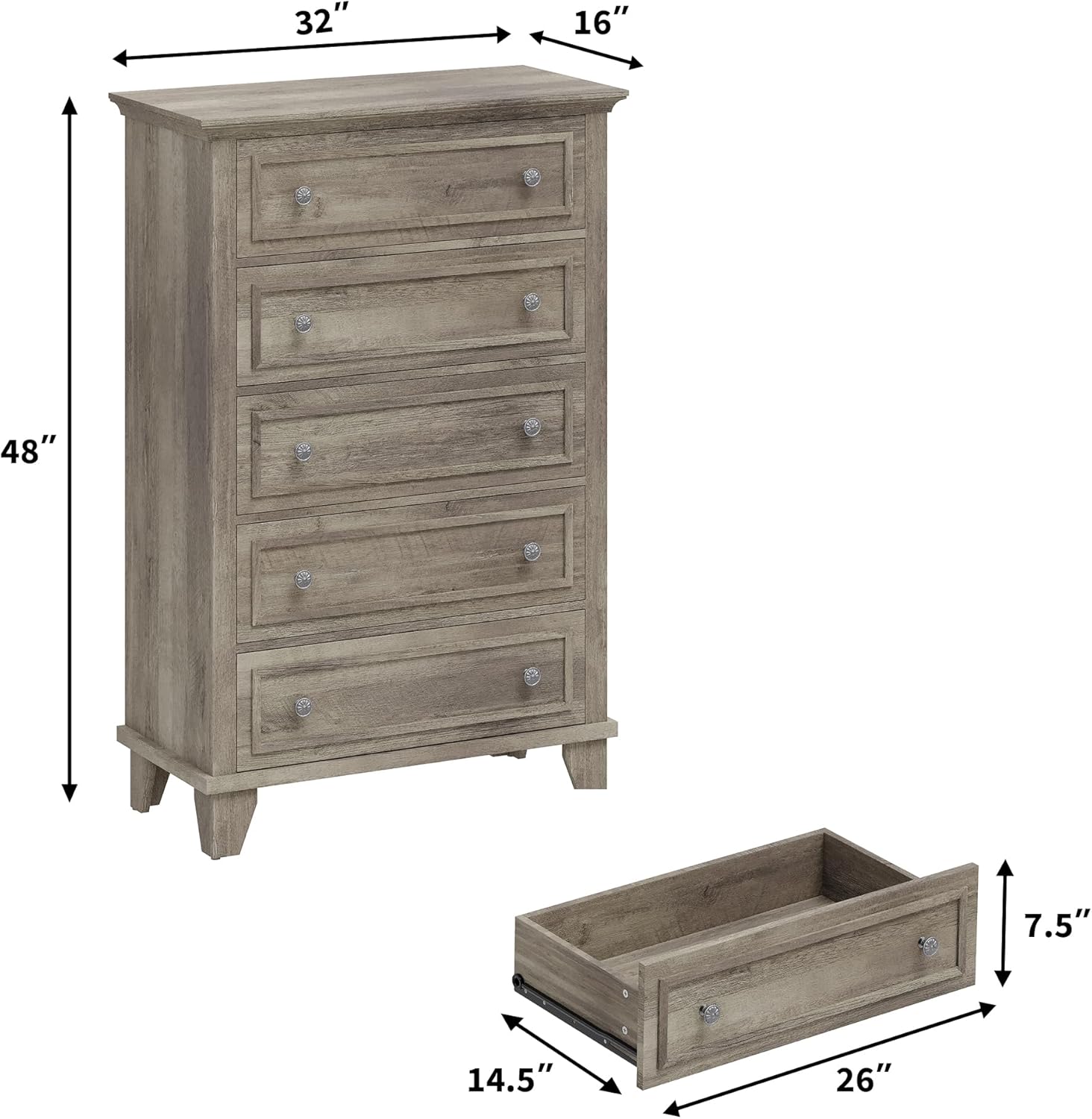 GarveeHome Gray Dresser for Bedroom, 48 in Tall Dresser with 5 Drawers, Chest of Drawers with Storage, Vintage Wood Dressers for Closet, Living Room, Hallway, Grey