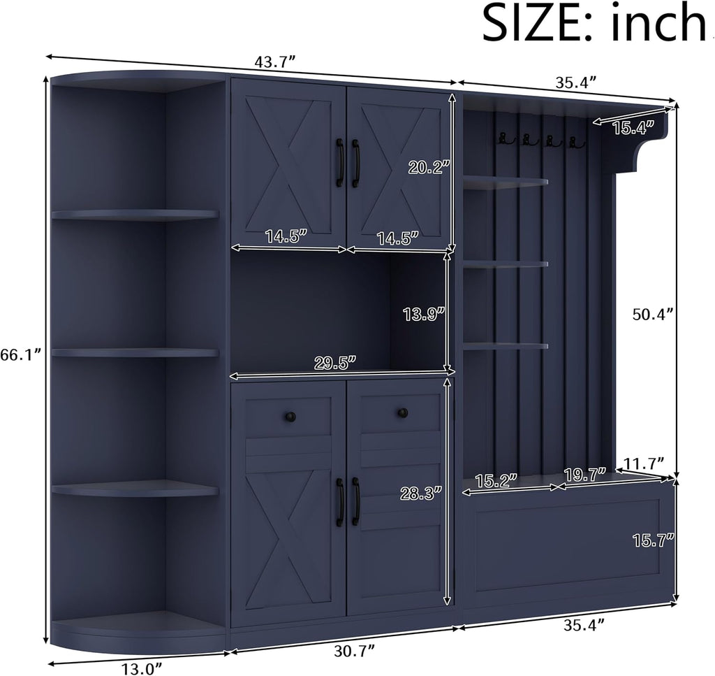Multifunctional Hall Tree with Shoe Bench & Storage Cabinet,2-in-1 Left-Right L-Shaped Corner Entryway Cabinets with Coat Rack & Open Shelves,Modern Storage Organizer for,Living Room (Antique Blue)