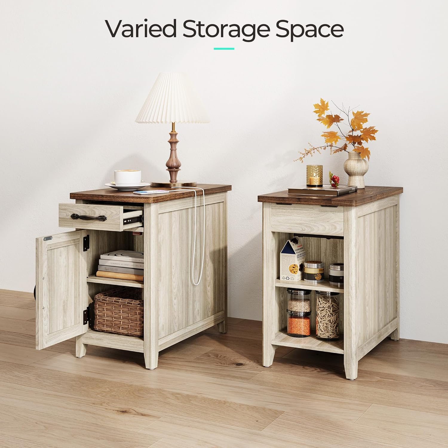 LINSY HOME Farmhouse End Table with Charging Station, Narrow Side Table for Living Room, Sofa Side Table with Drawer and Storage Cabinet, Small Nightstand for Home Office