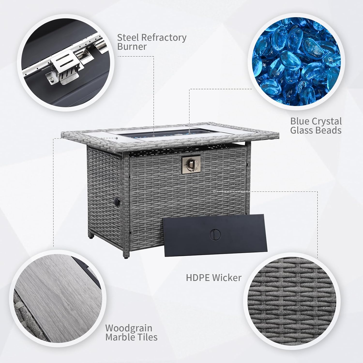 60000 BTU Wicker Gas Fire Pit Outdoor Fire Pit Table 45 Inch Fire Pits for Outside with Woodgrain Marble Tabletop Fire Pit Cover and Blue Crystal Beads