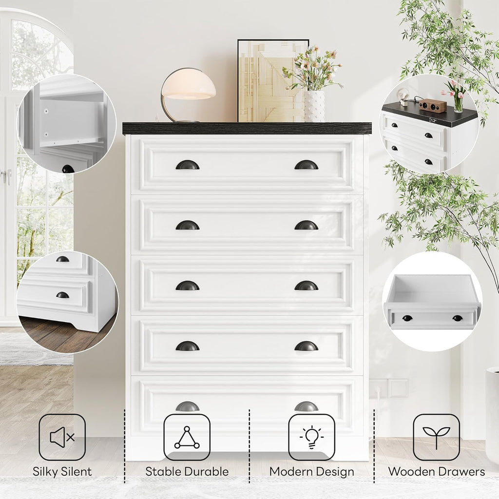 LIKIMIO 5-Drawer 43" Tall Dresser with Built-in Charging Station - Farmhouse Style Bedroom Storage Cabinet, Black &White