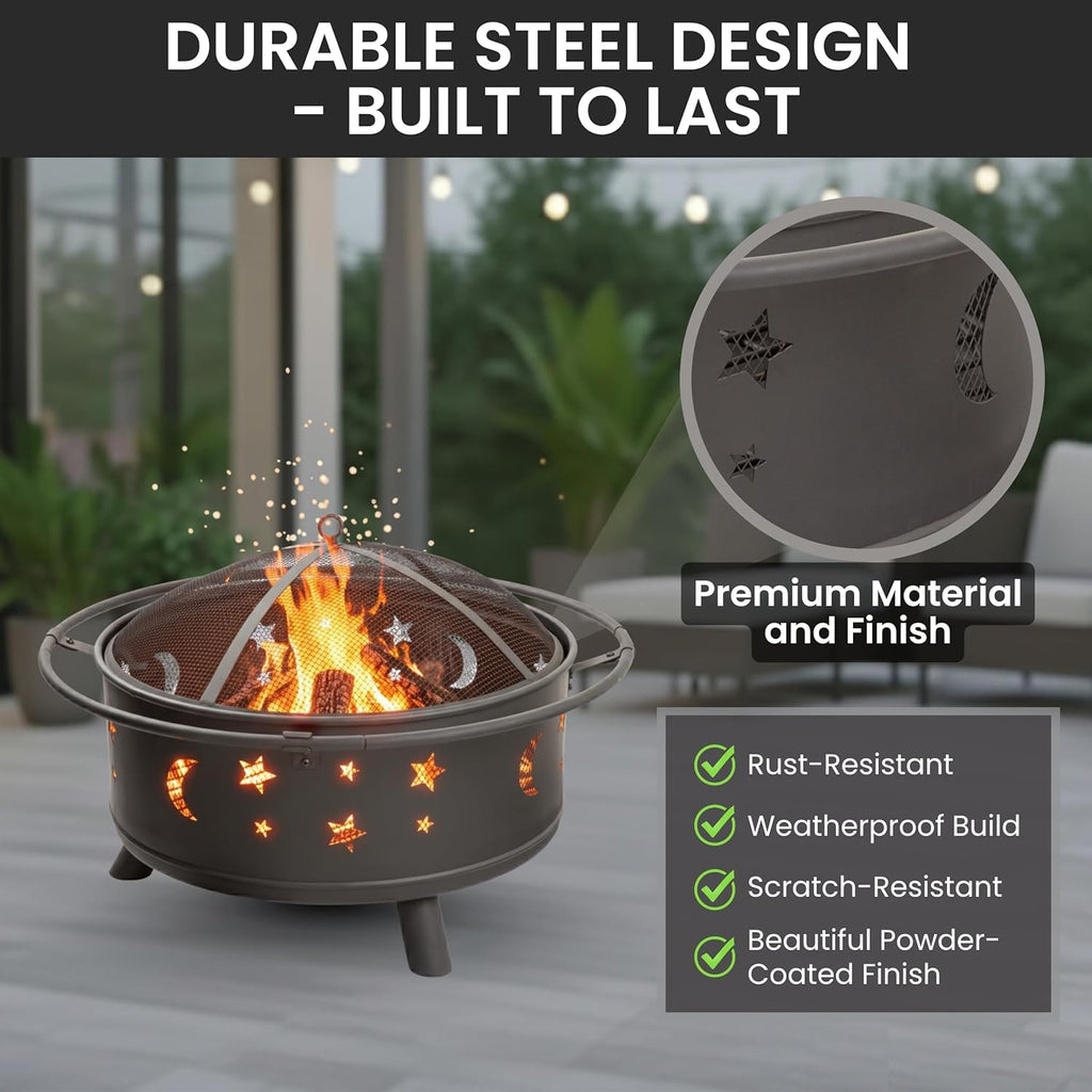 Fire Pit - 32-Inch Outdoor Wood Burning Firepit with Screen, Poker, and Cover - Outdoor Fire Pits for Backyard, Deck, or Patio by Pure Garden (Black)