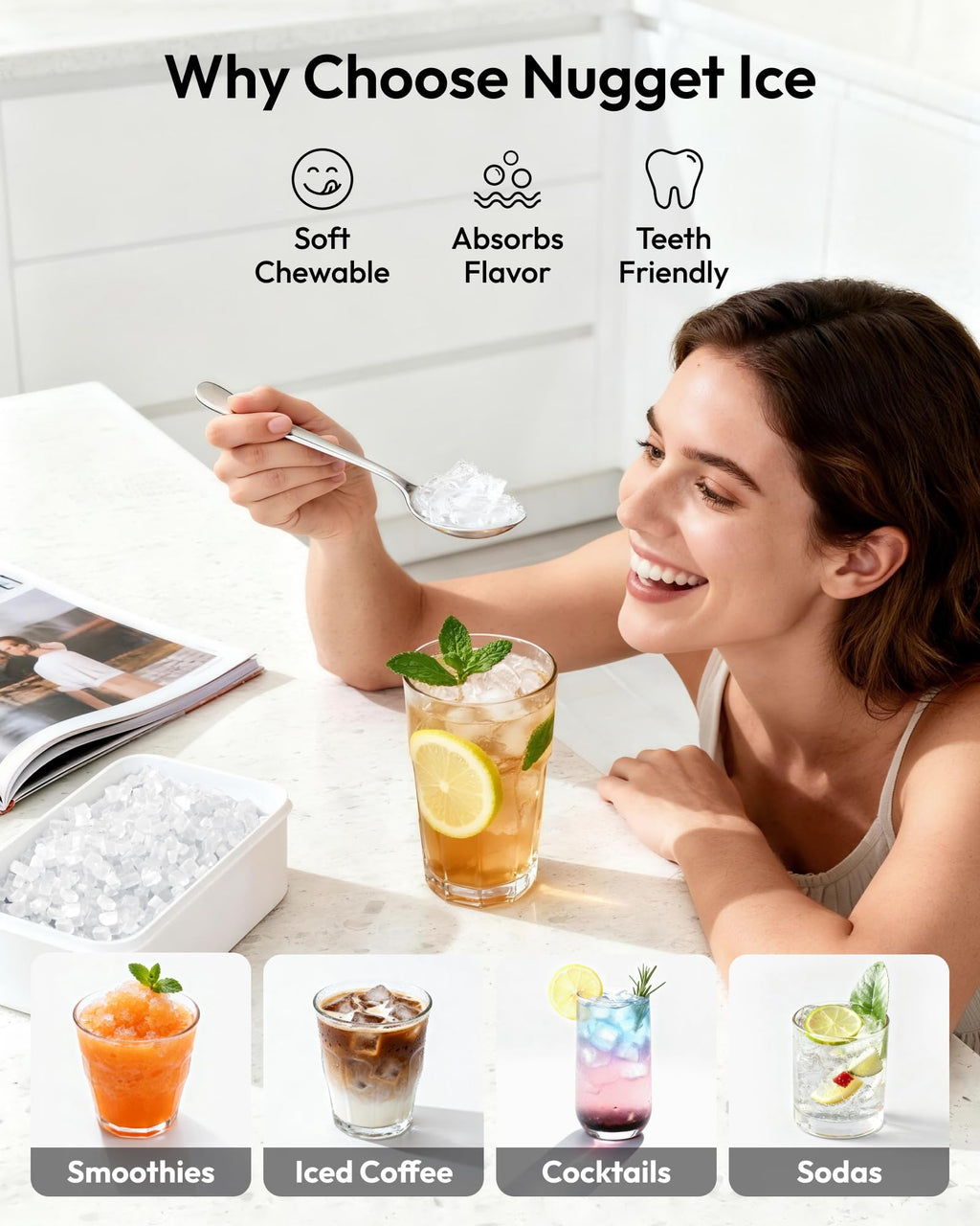 EUHOMY Nugget Ice Maker - Portable Self-Cleaning, 38lbs/Day