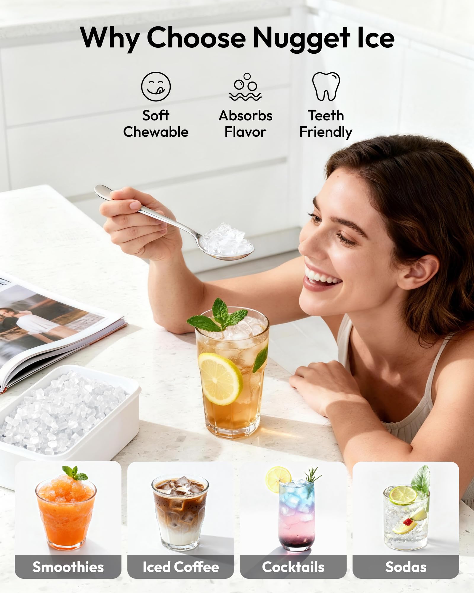 EUHOMY Nugget Ice Maker - Portable Self-Cleaning, 38lbs/Day